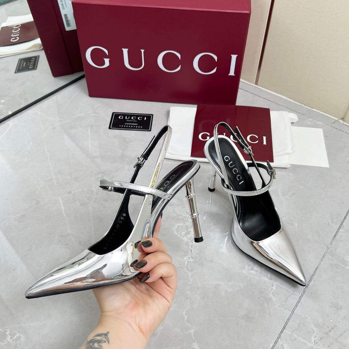 GC 25 Heeled 95mm Slingback Pump Silver Patent Leather 293864