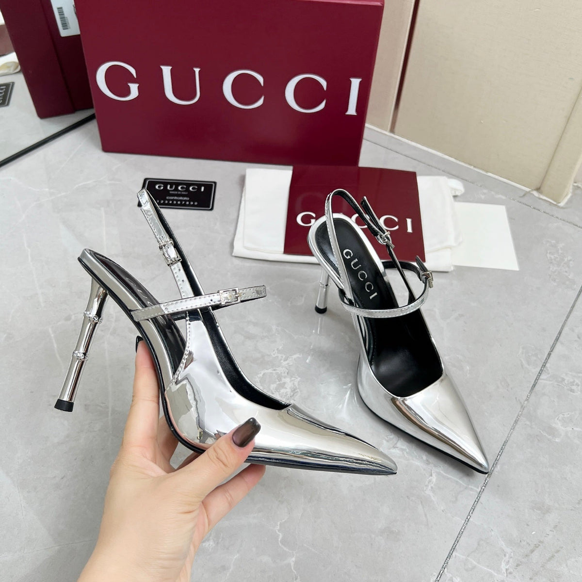 GC 25 Heeled 95mm Slingback Pump Silver Patent Leather 293864
