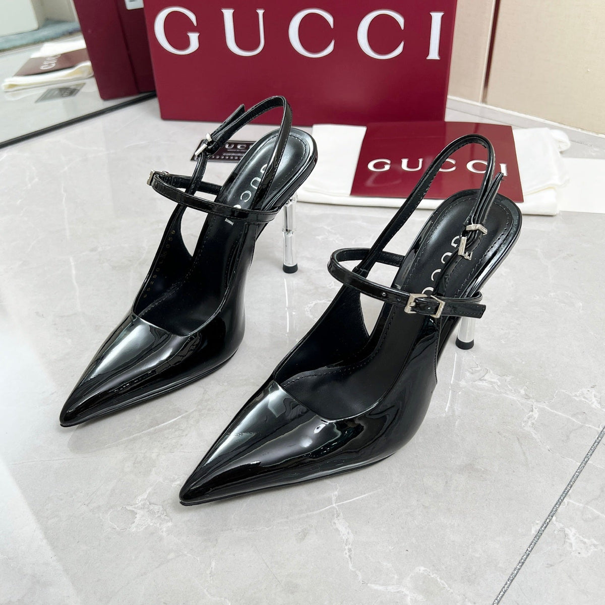 GC 25 Heeled 95mm Slingback Pump Black  Patent Leather 293865