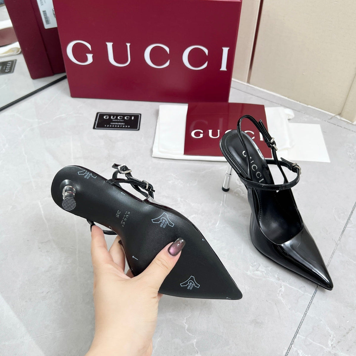 GC 25 Heeled 95mm Slingback Pump Black  Patent Leather 293865