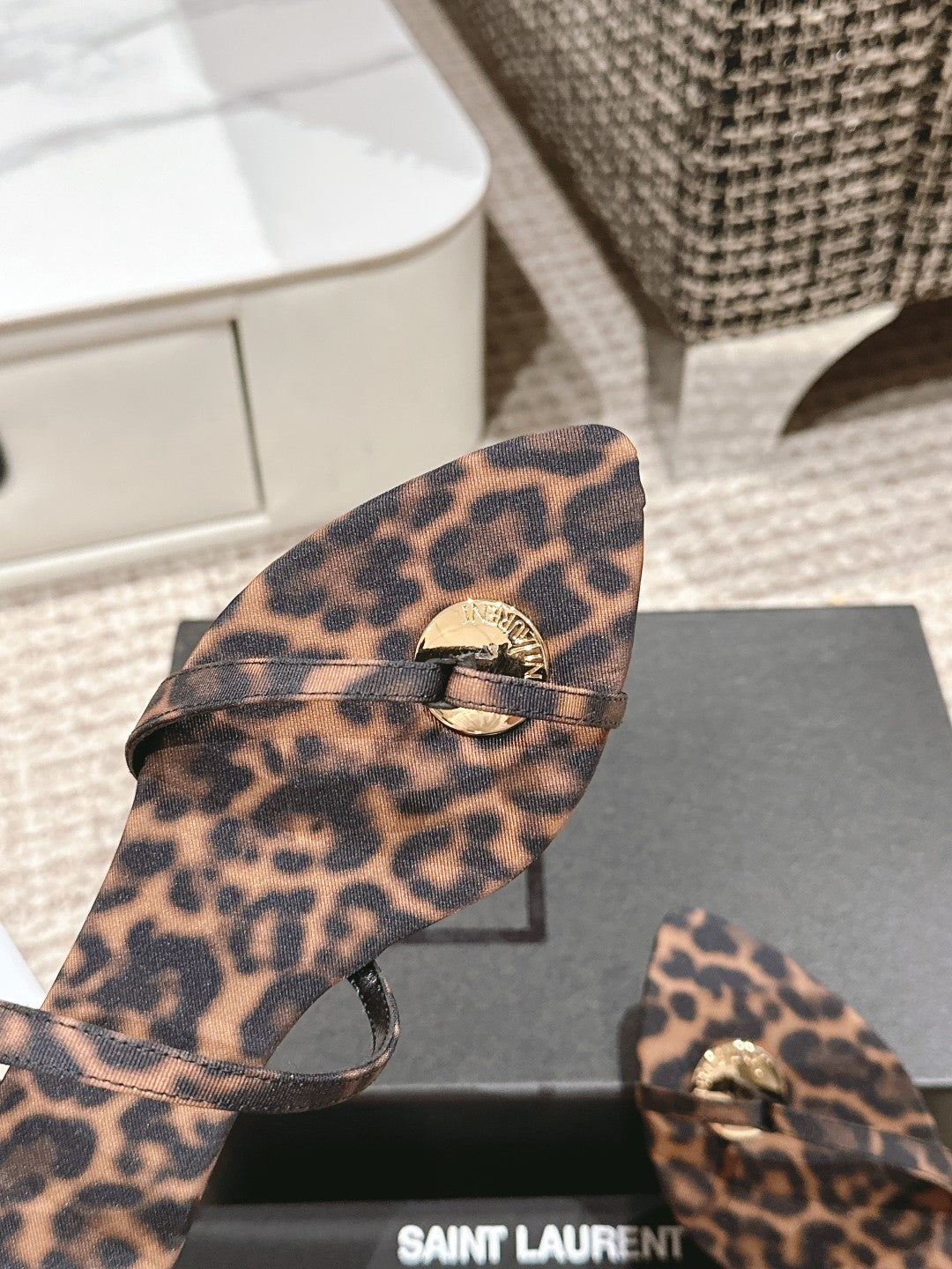 SL TANGER SLIDES LEOPARD SATIN