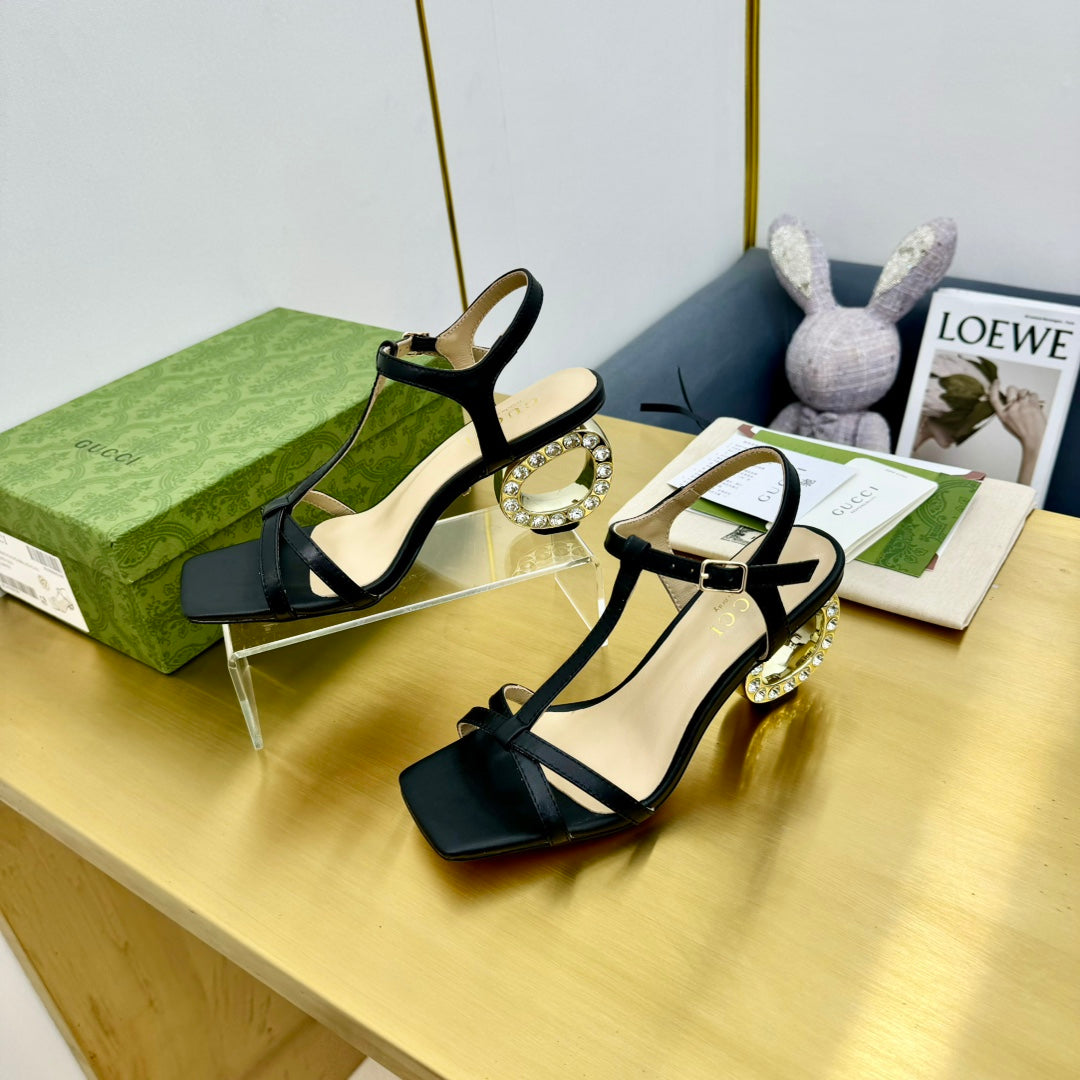 MEDIUM-HEEL SANDAL IN BLACK CALFSKIN WITH RHINSTONES