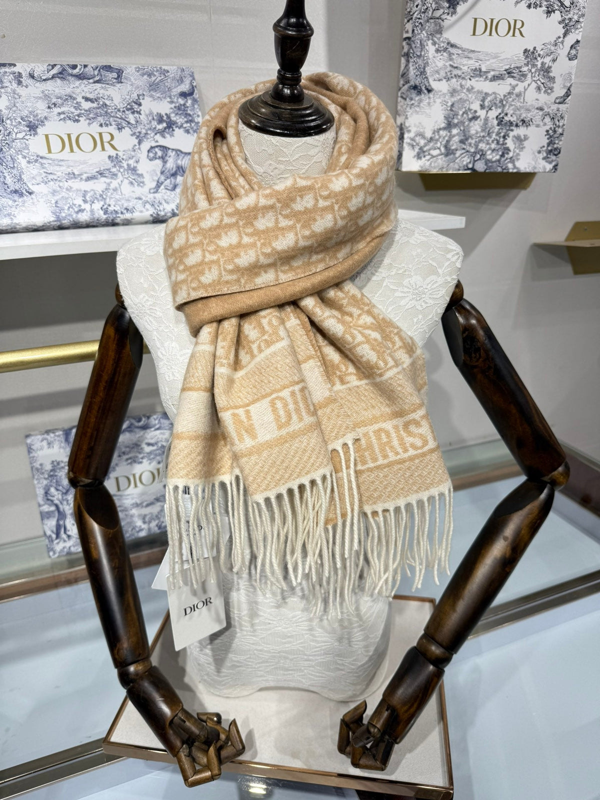 Dior 2026 Oblique Scarf 200cm Beige Cashmere 189582