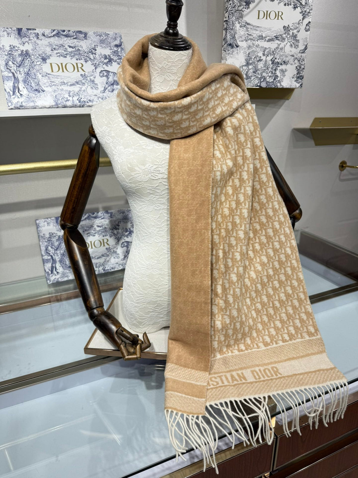 Dior 2026 Oblique Scarf 200cm Beige Cashmere 189582