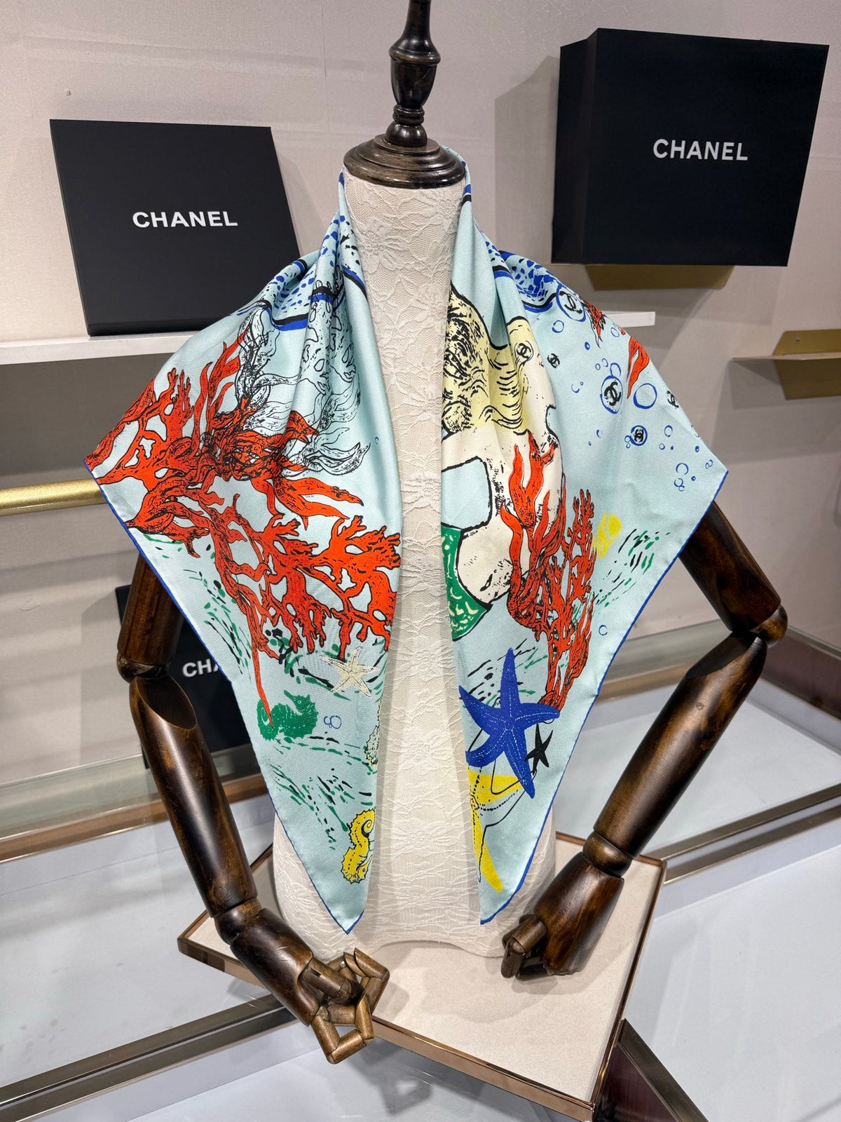 Chanel 2026 Coco Beach Scarf 90cm Blue Twill Silk 211477