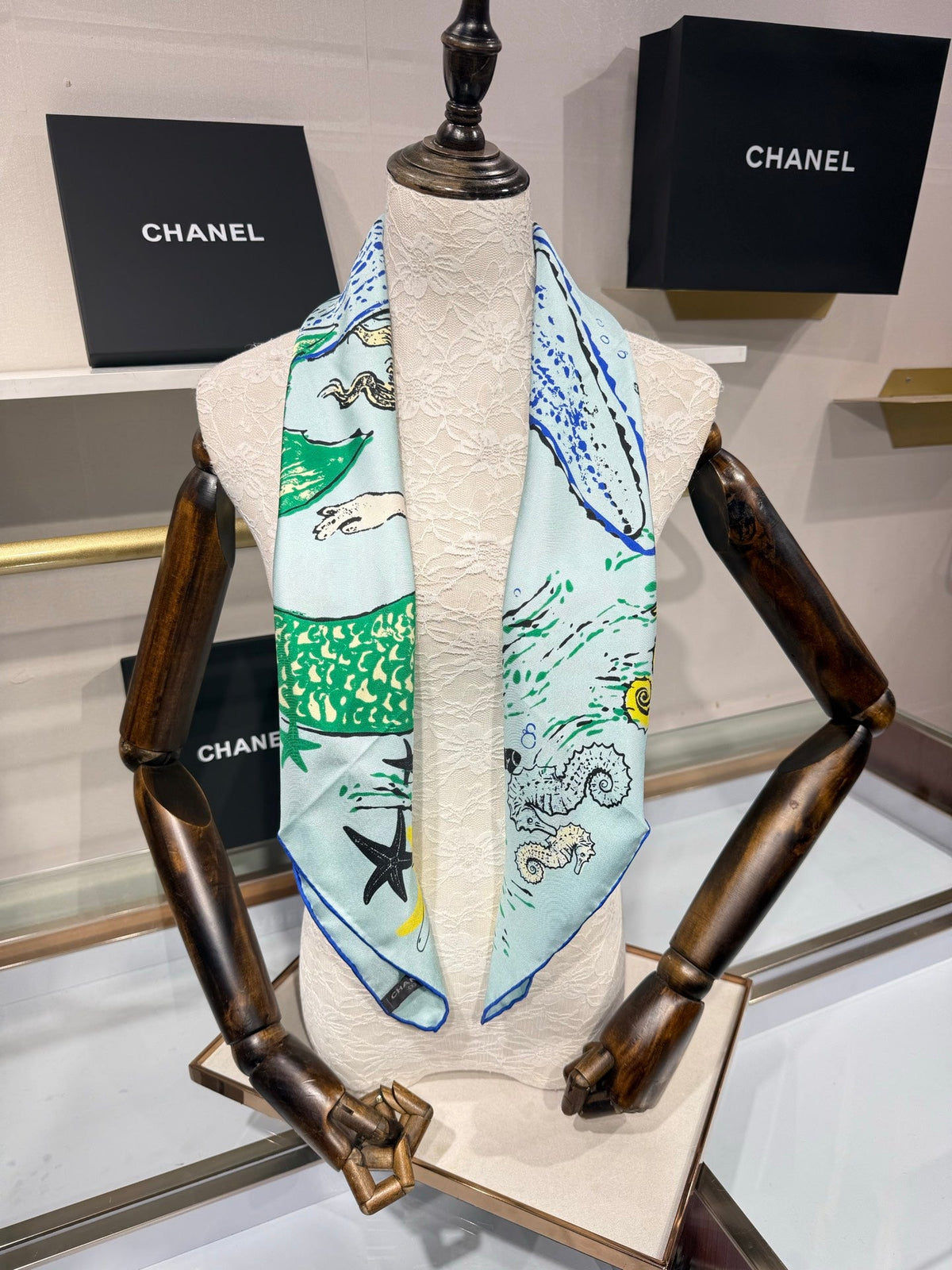 Chanel 2026 Coco Beach Scarf 90cm Blue Twill Silk 211477