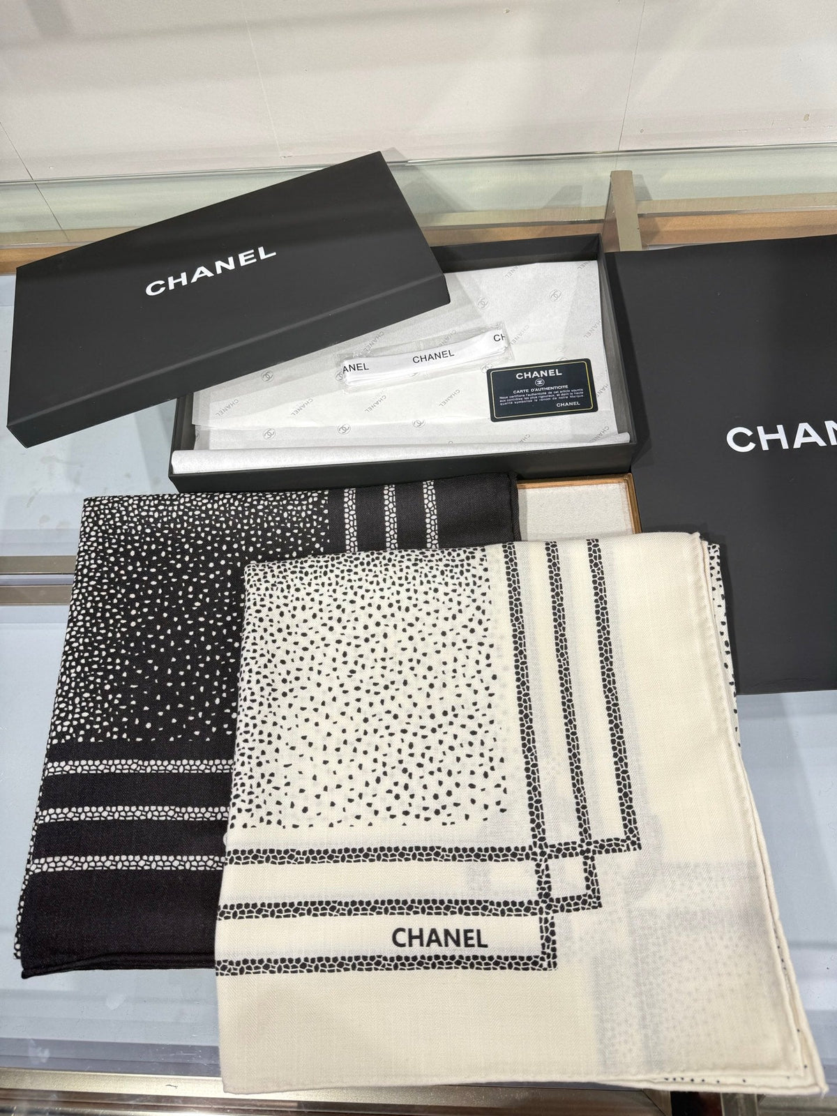 Chanel 2026 Polka Dot Scarf 140cm Black White Cashmere And Silk 217763