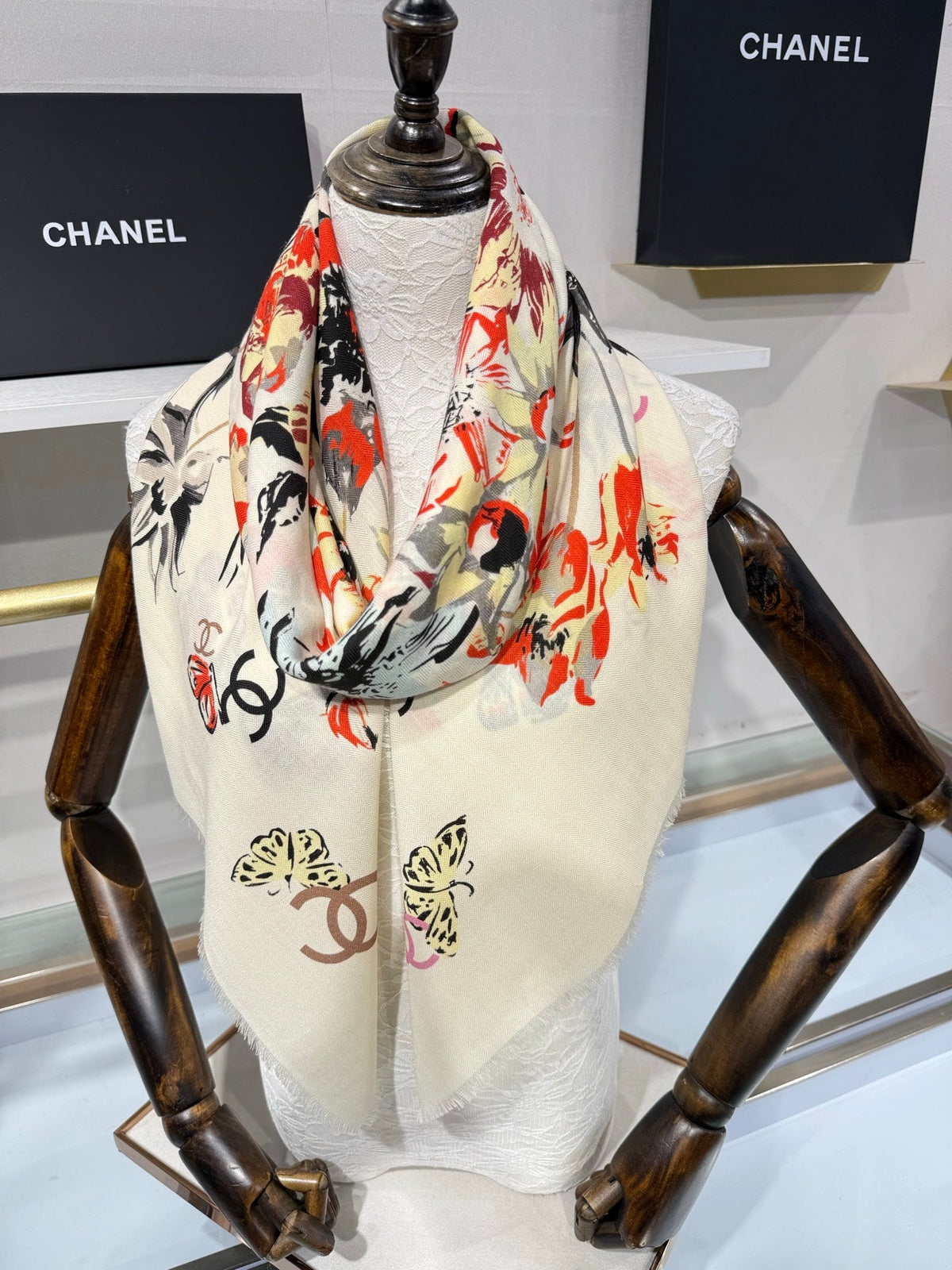 Chanel 2026 Square Scarf 140cm Red White Cashmere Silk 218853