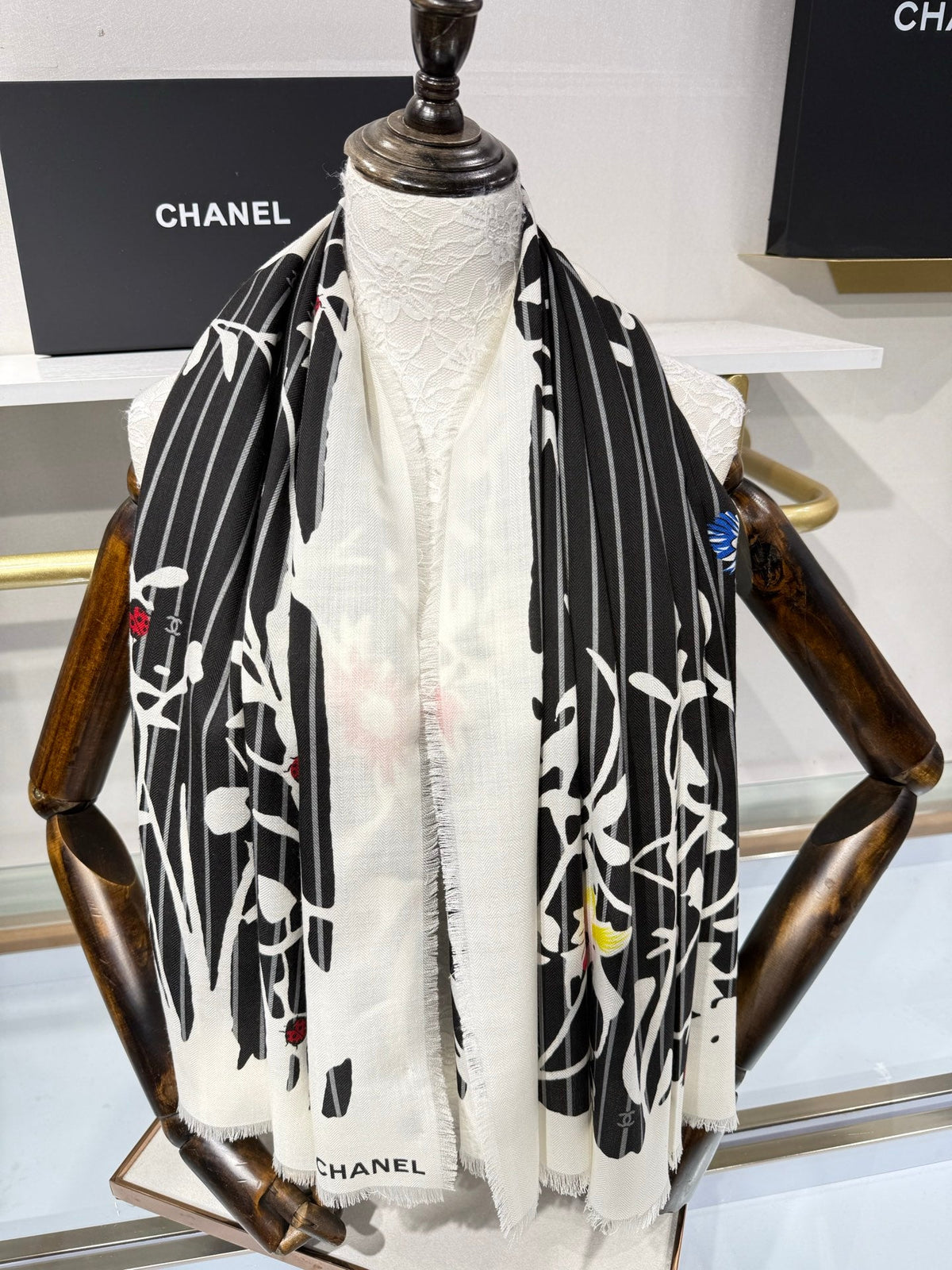 Chanel 2026 Floral Square Scarf 140cm Black Cashmere Silk 218856