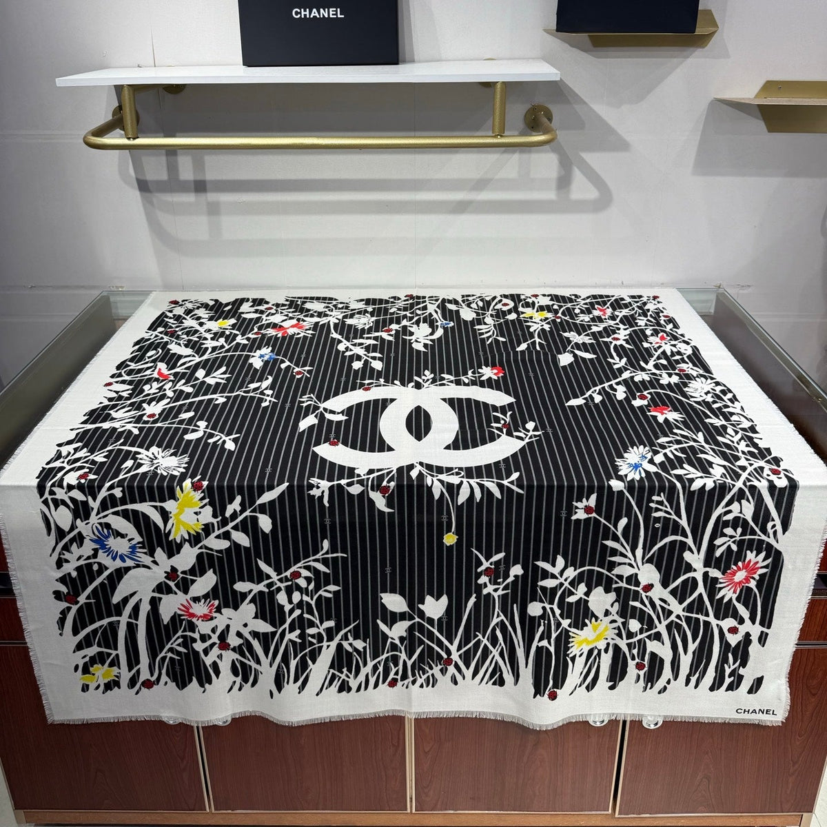 Chanel 2026 Floral Square Scarf 140cm Black Cashmere Silk 218856