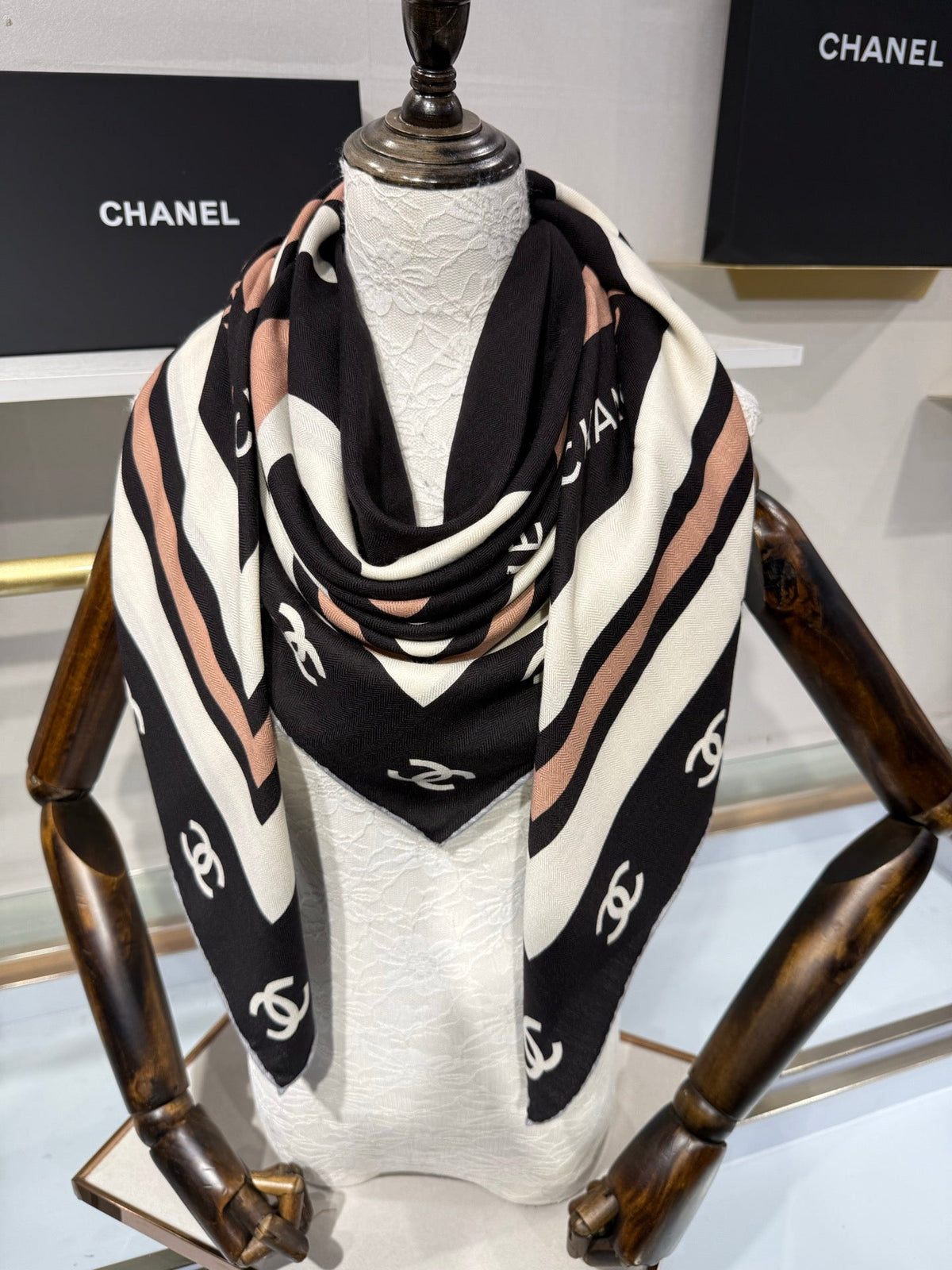 Chanel 2026 CC Logo Square Scarf Black Silk Cashmere 219223