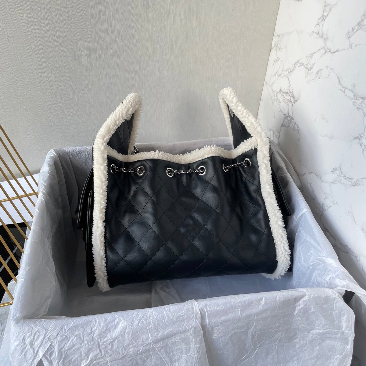 CC 25C Hobo Bag 30cm Black White Lambskin Silver Hardware