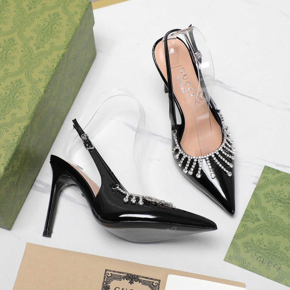 GG CRYSTAL HIGH HEEL SANDAL BLACK LAMBSKIN