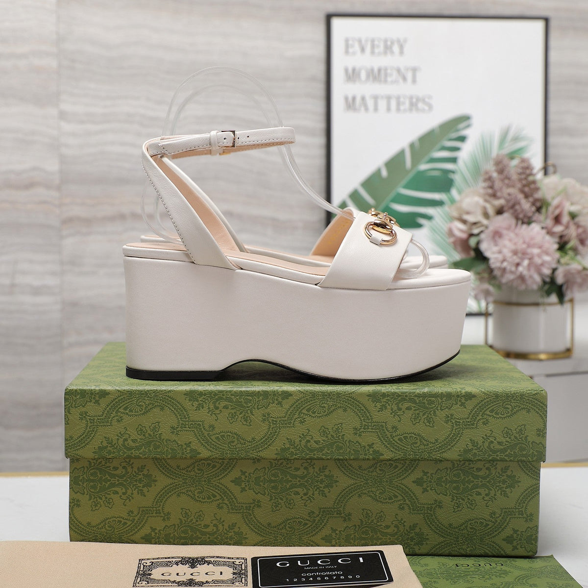 GG  Horsebit Wedges Sandals White