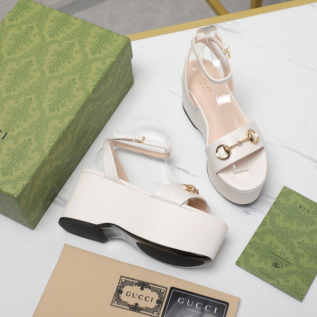 GG  Horsebit Wedges Sandals White