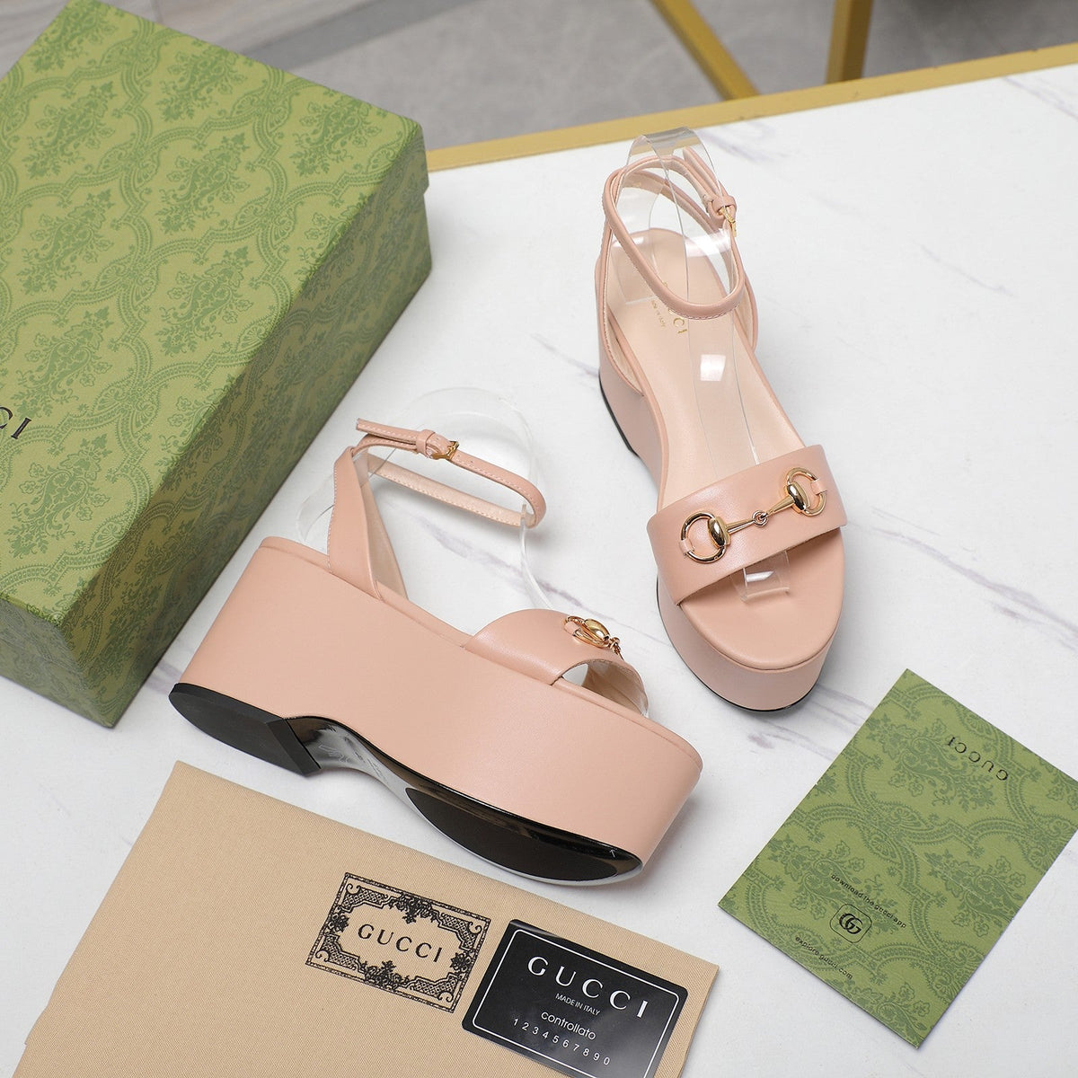 GG  Horsebit Wedges Sandals Pink