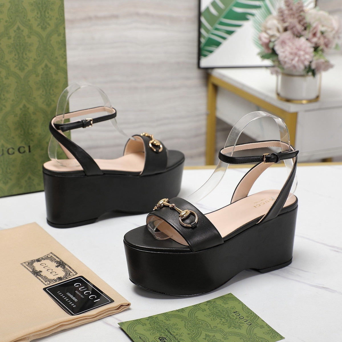 GG  Horsebit Wedges Sandals Black