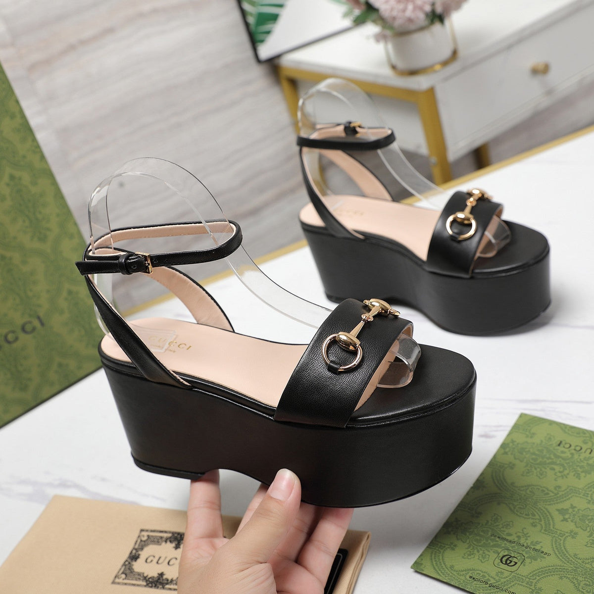 GG  Horsebit Wedges Sandals Black