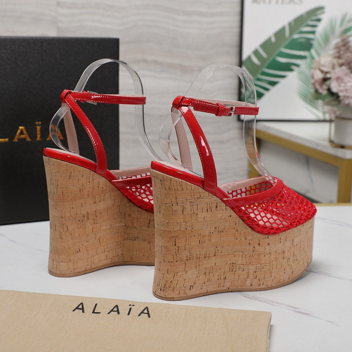 ALAIA WEDGE SANDAL IN CHERRY RED MESH AND BEIGE RUBBER