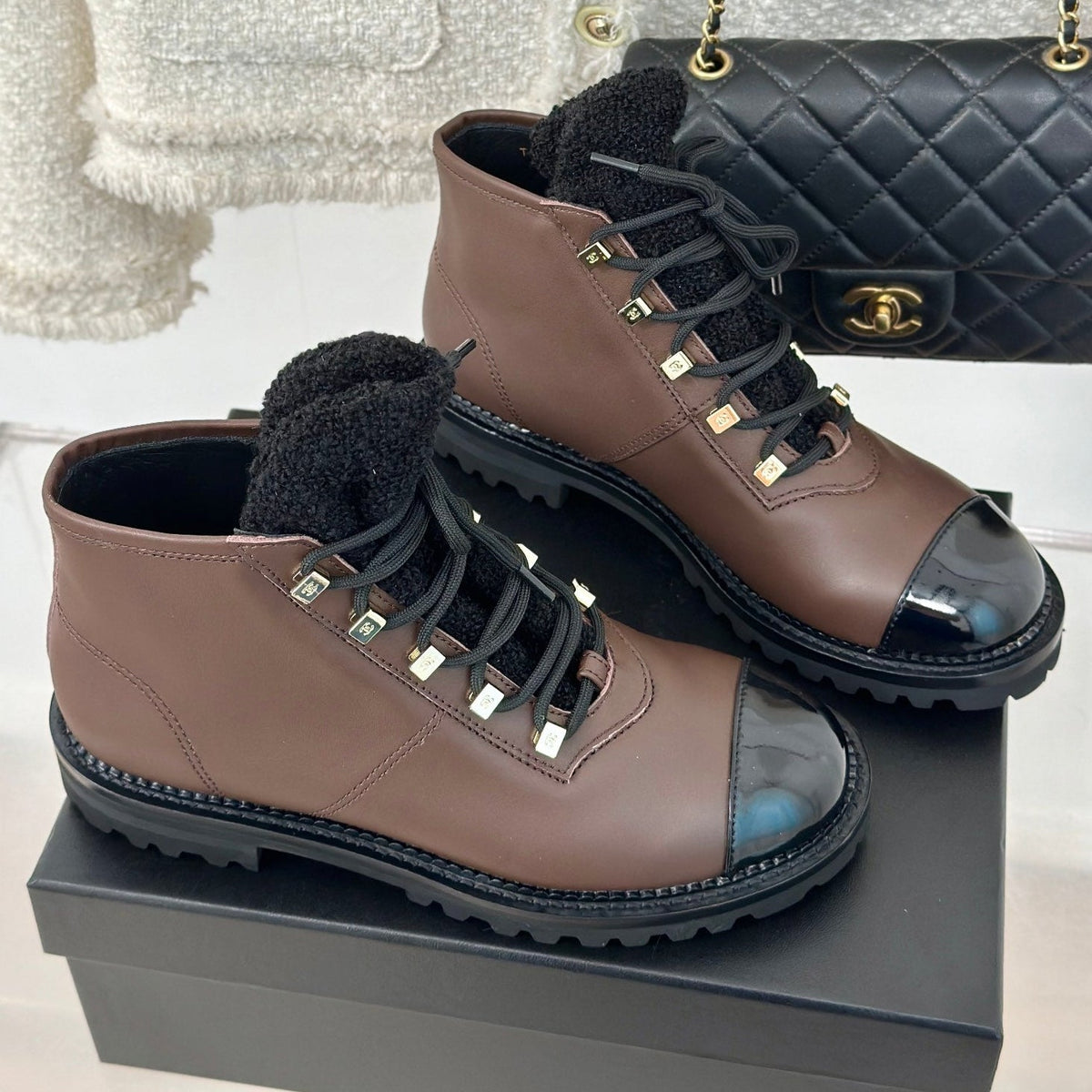 Chanel 2026 Lace-Up Combat Boots Brown Leather Wool 188626