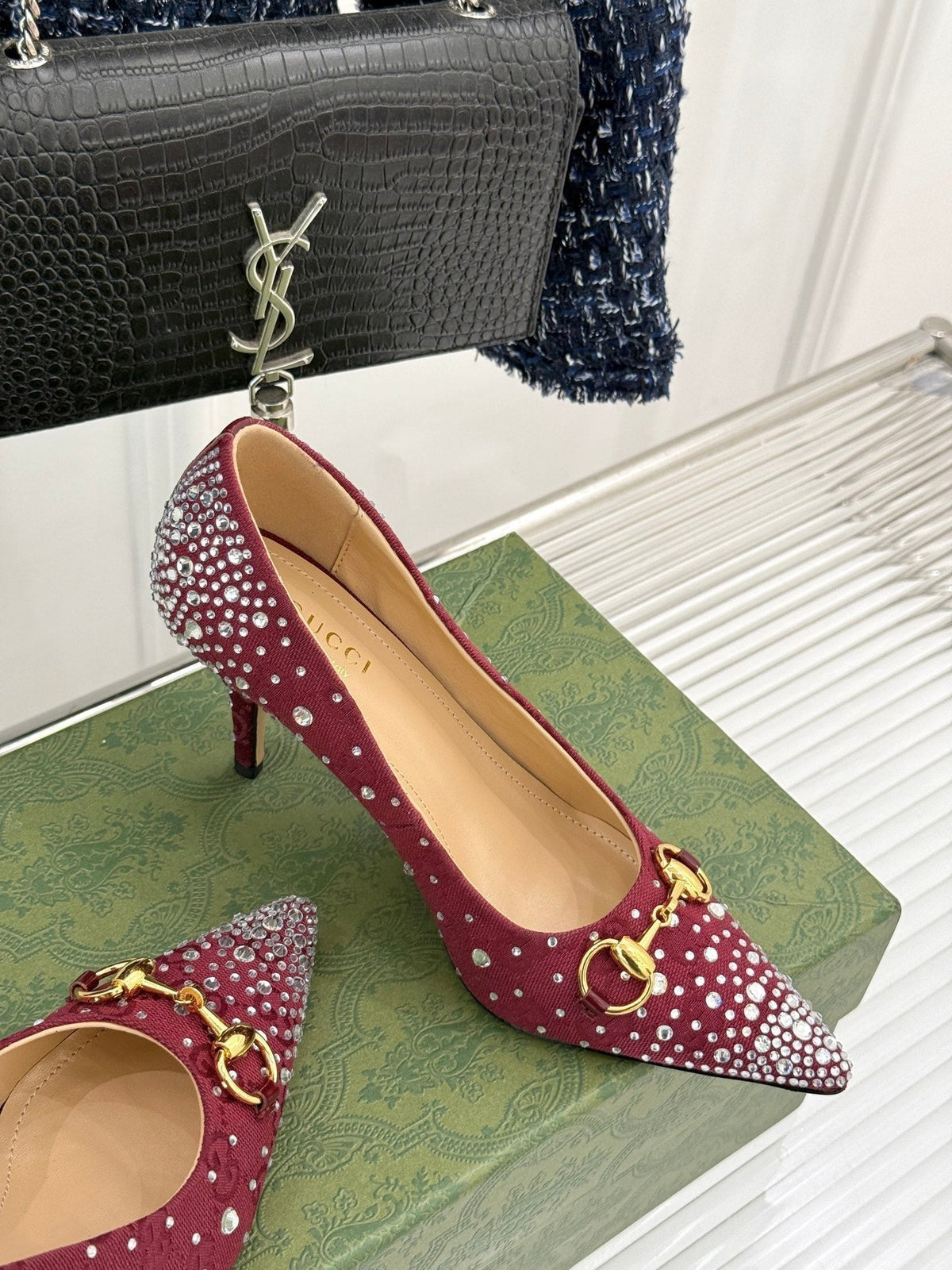 GG Pump 85 Red Ebony Canvas Crystal-Embellished