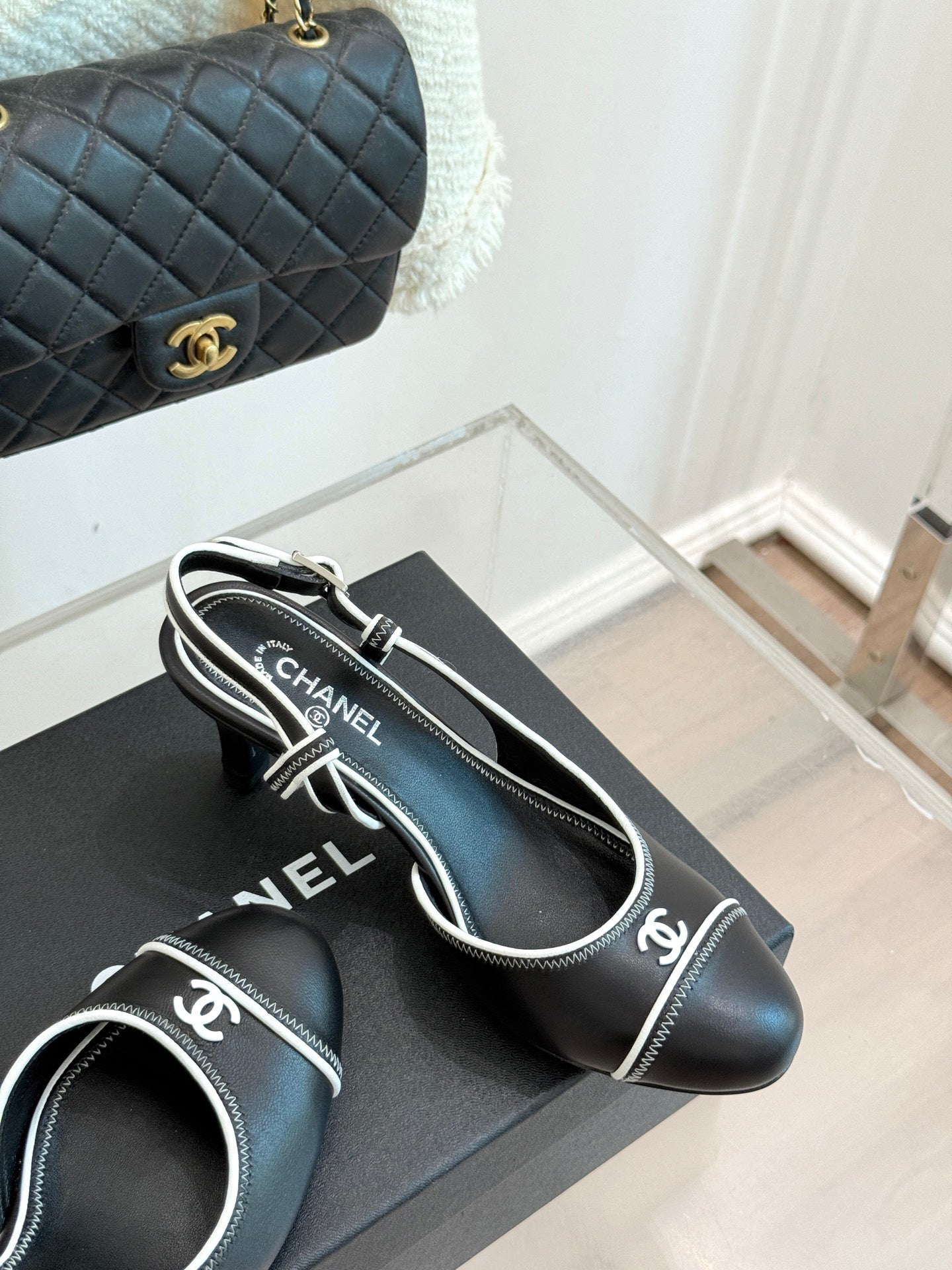 Chanel 25 Slingback Black White Sheepskin 473060