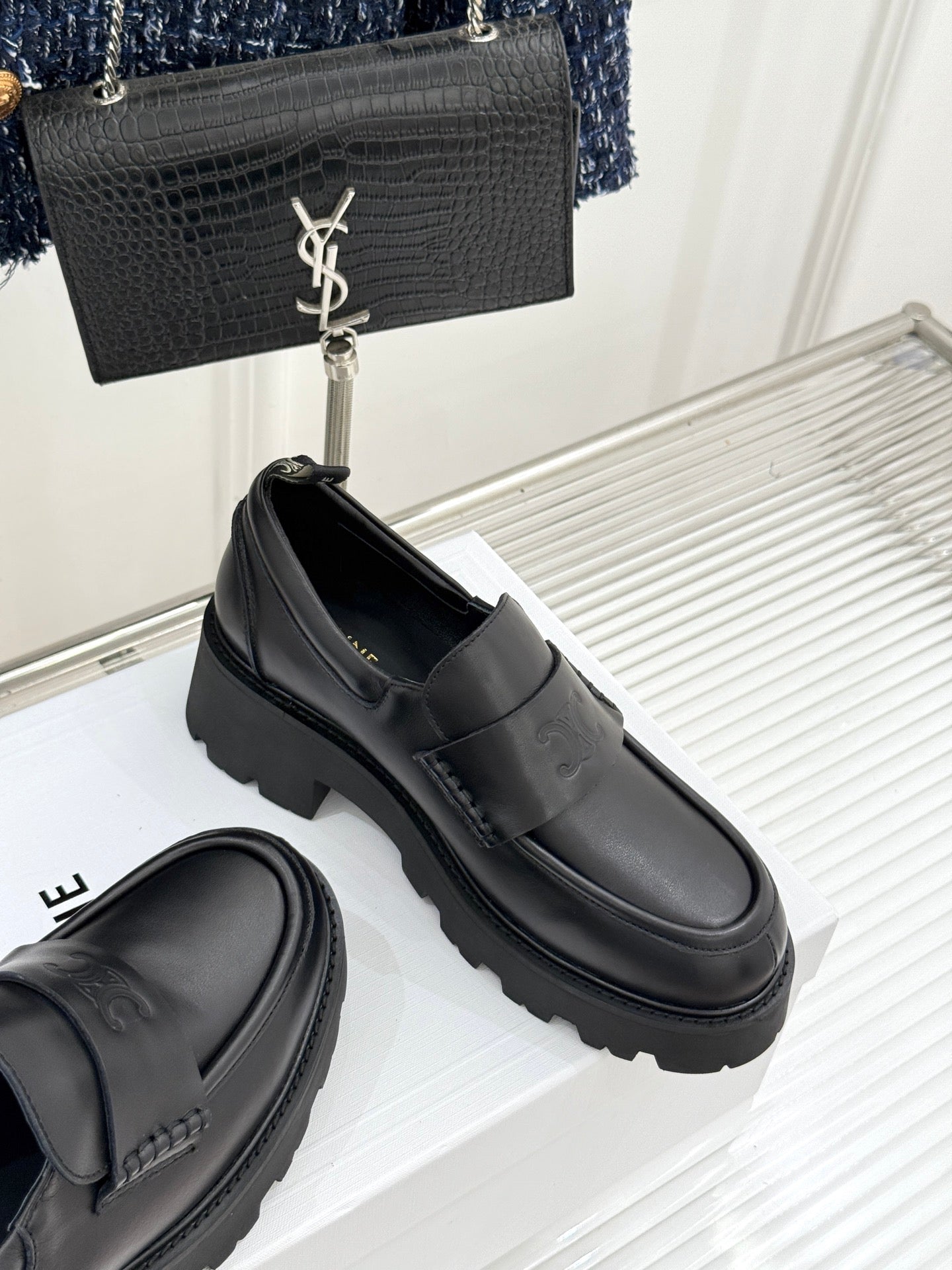 Celine 2026 Arc de Triomphe Platform Loafers Black Sheepskin 474608
