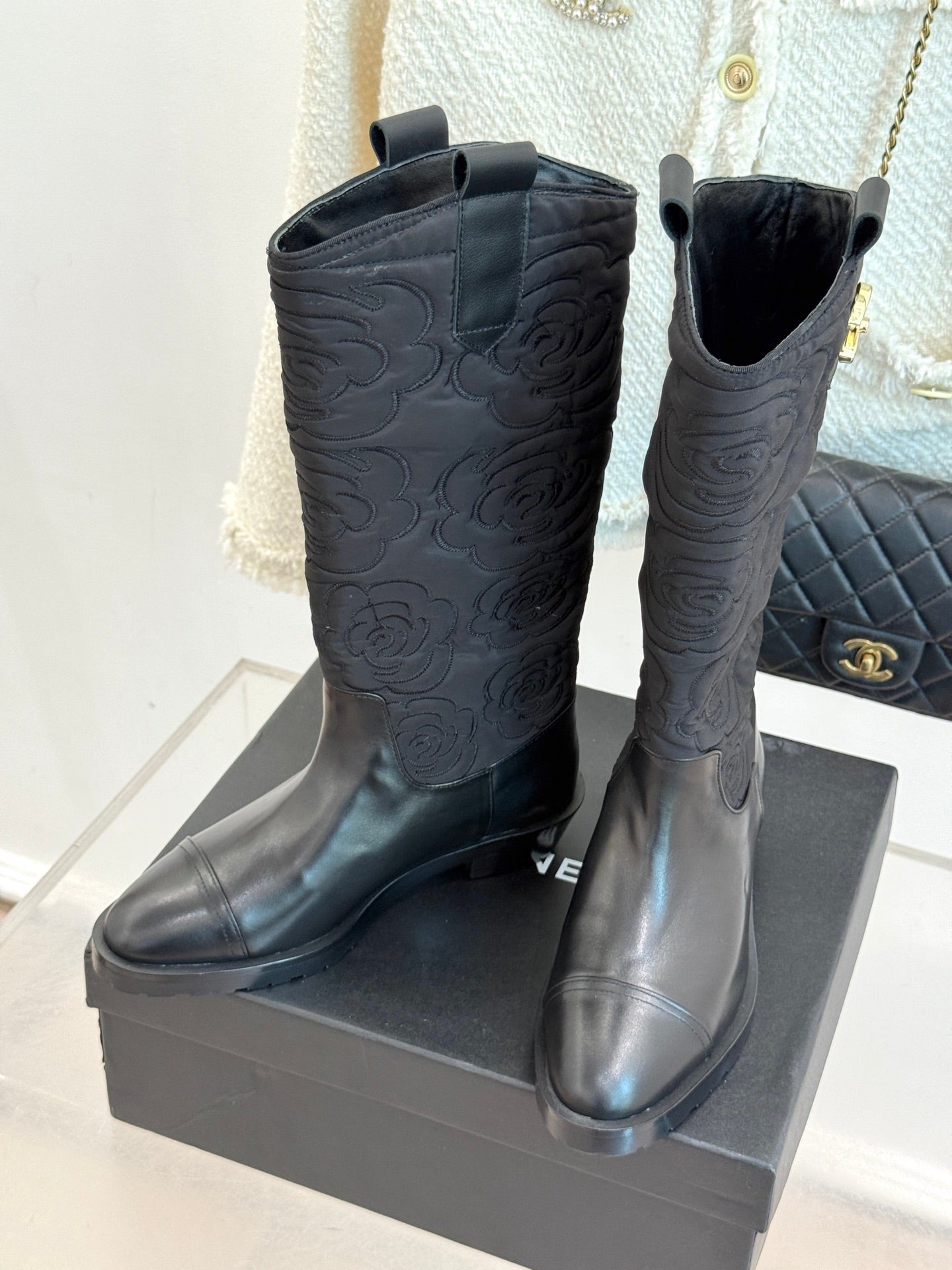 CC cowboy mid-calf boots black sheepskin denim fabric 511980