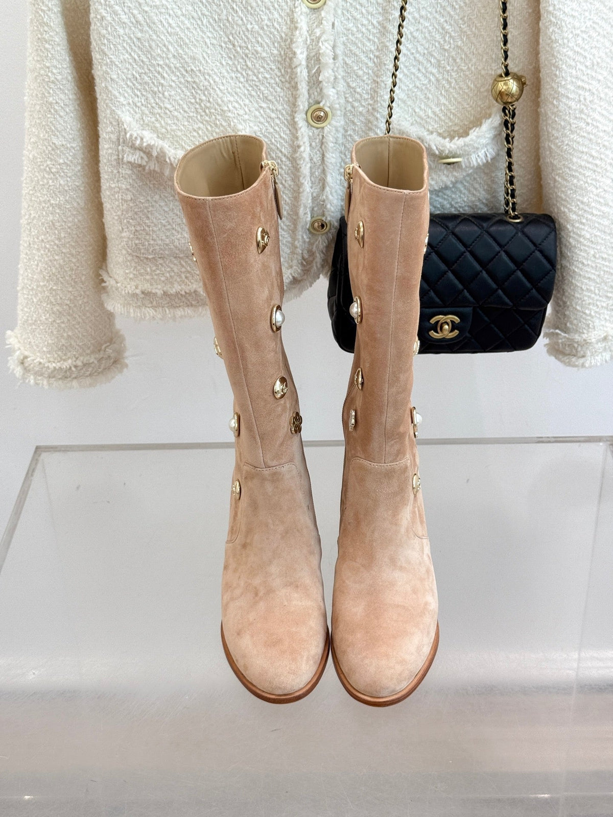 CC High Heel Boots Beige Suede Mix Charm 512033