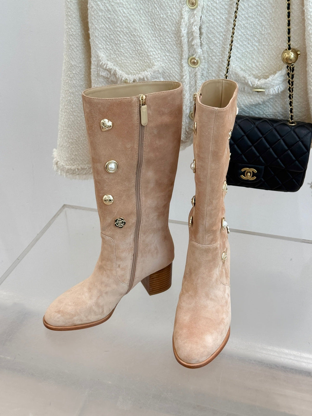 CC High Heel Boots Beige Suede Mix Charm 512033