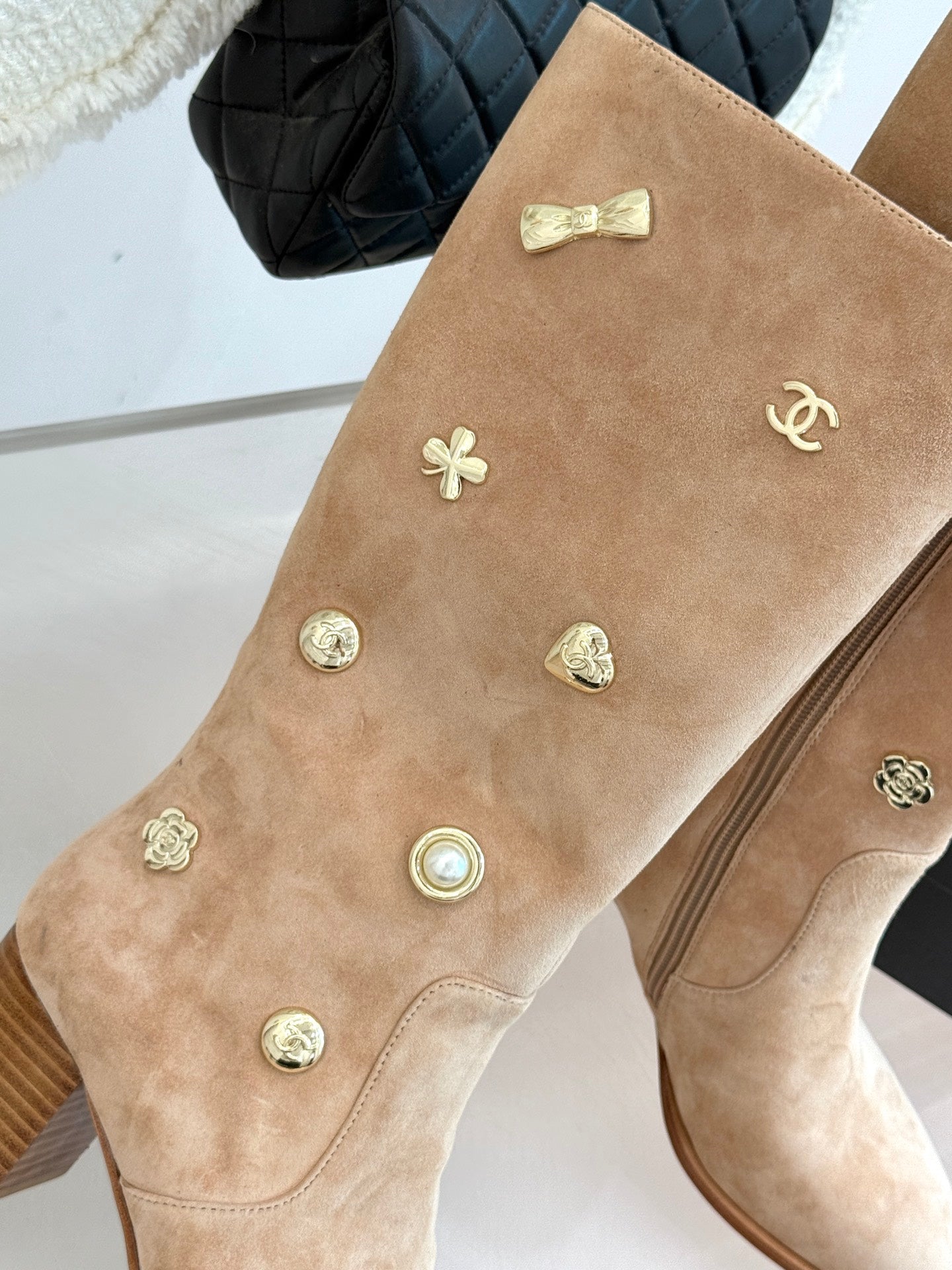 CC High Heel Boots Beige Suede Mix Charm 512033