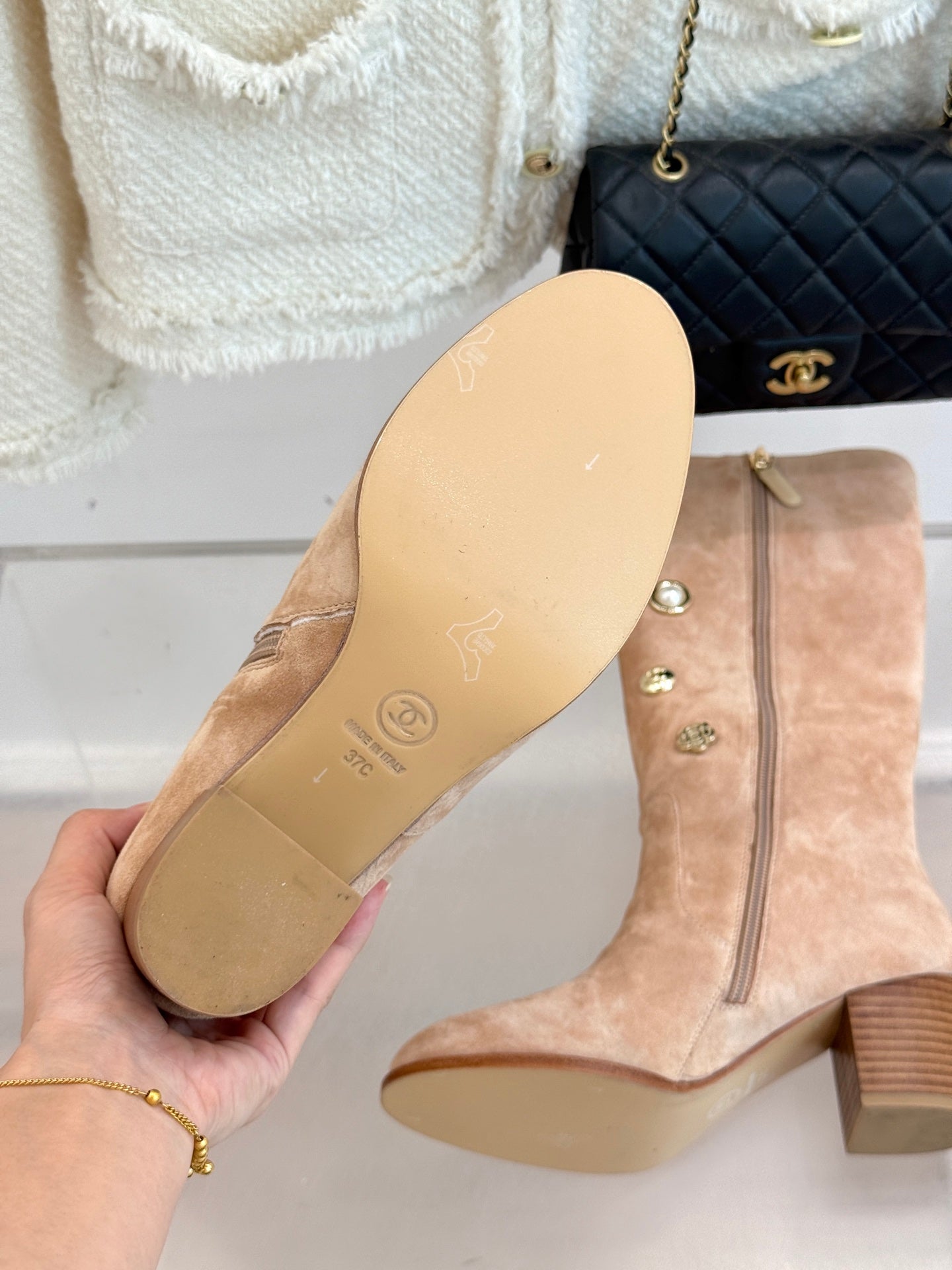CC High Heel Boots Beige Suede Mix Charm 512033