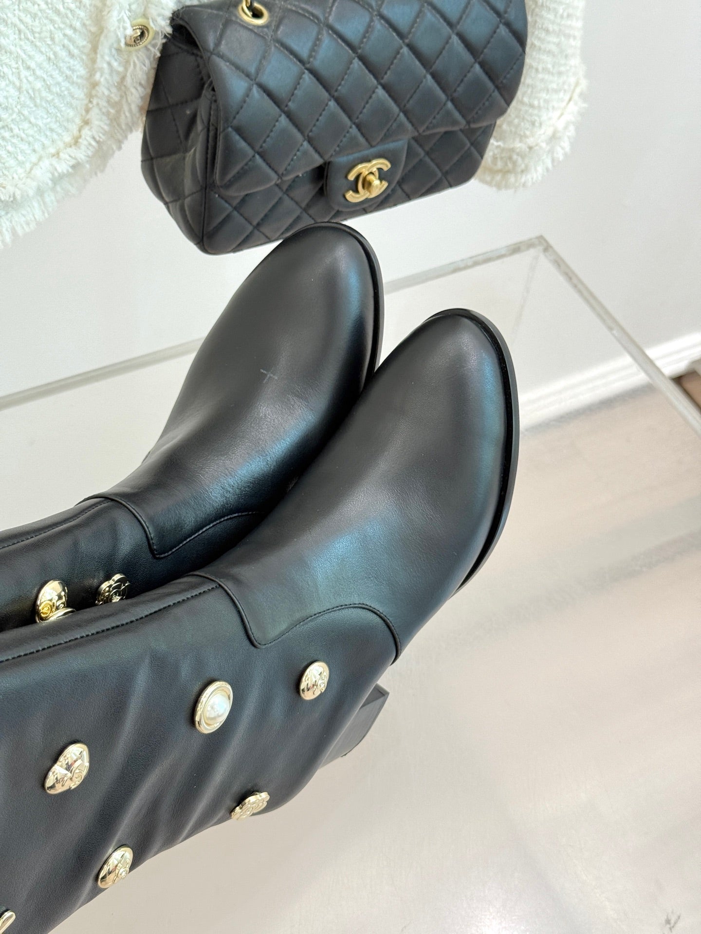 CC High Heel Boots Black Sheepskin Mix Charm 512034
