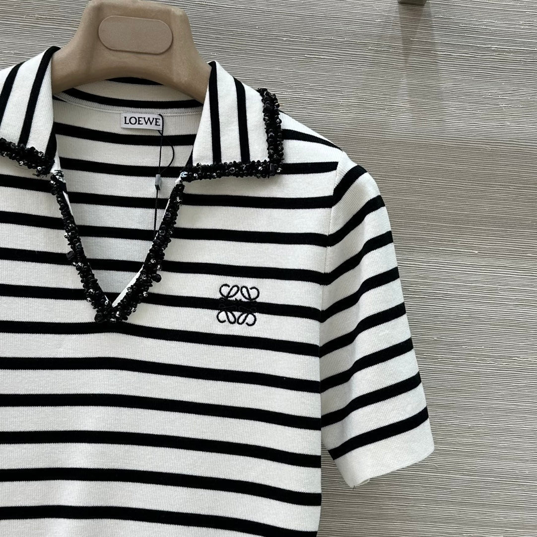 Loewe 25 Striped Knitted Polo Short-sleeved Top White Tencel