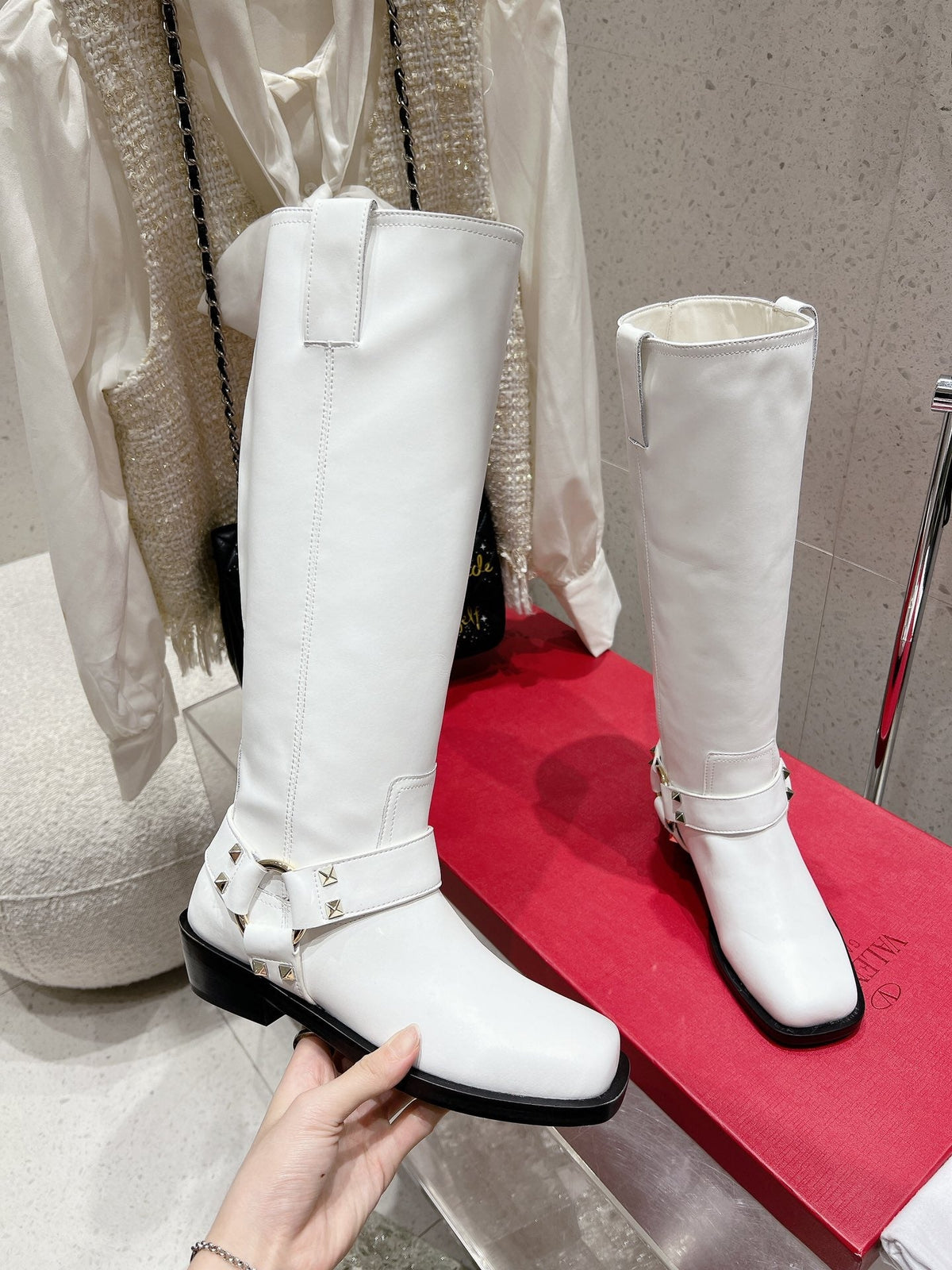 Valentino 2025 Biker High Boot White Calfskin 554163