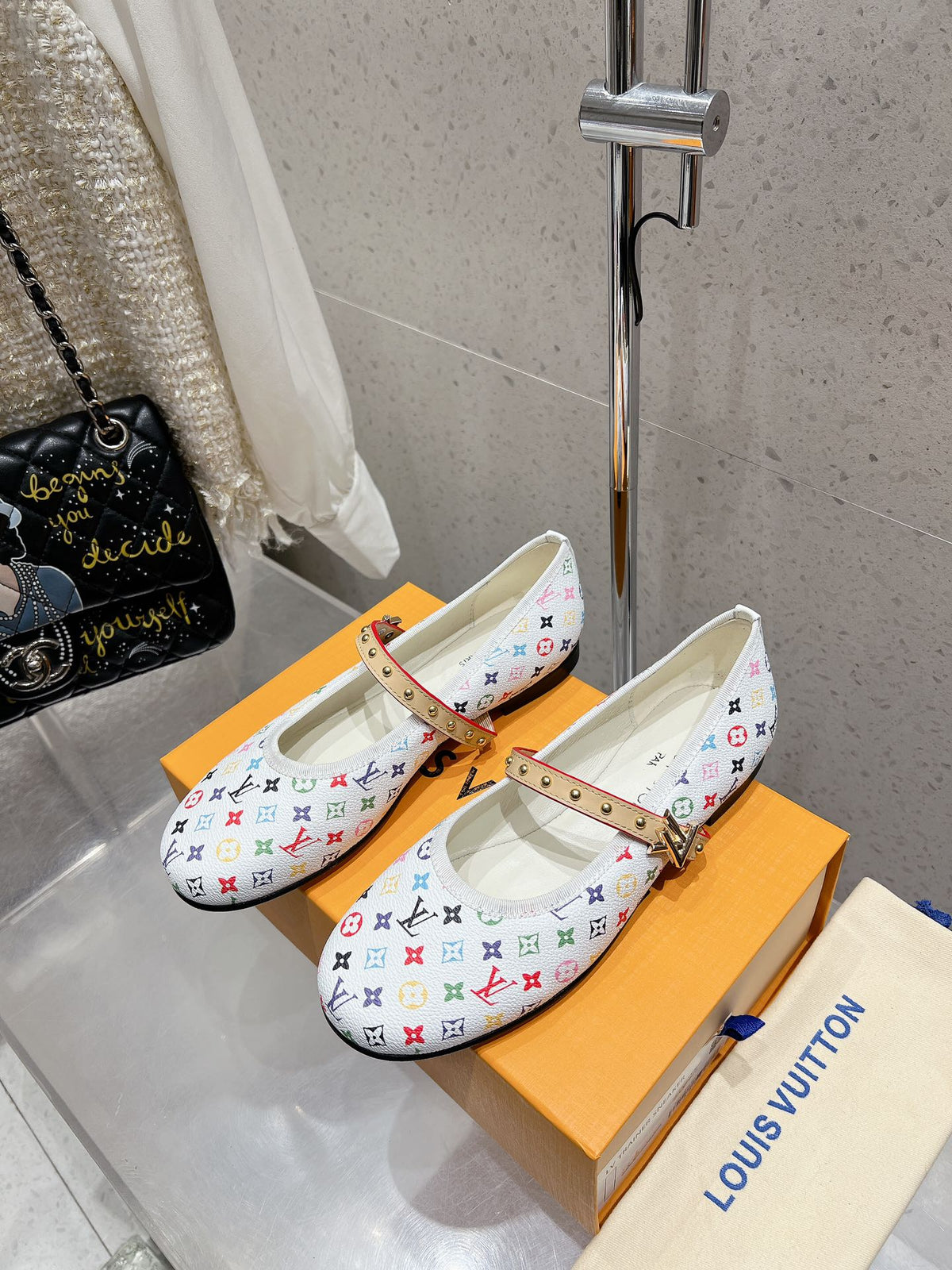 LV 26s Ballet Flats White Multicolor Monogram Leather 610842
