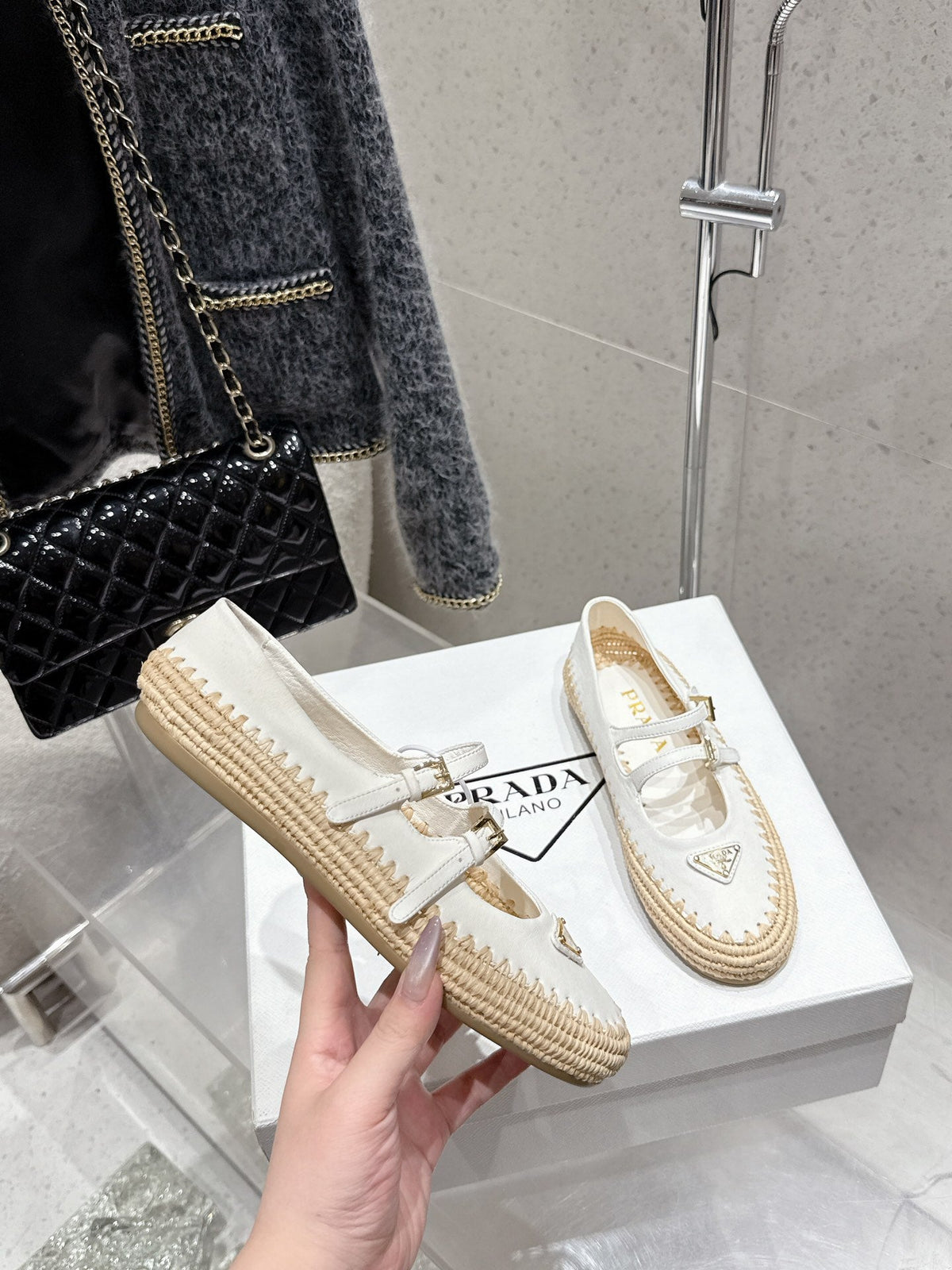 Pra 2025 Ballet Flat White Beige Cowhide Woven 554288