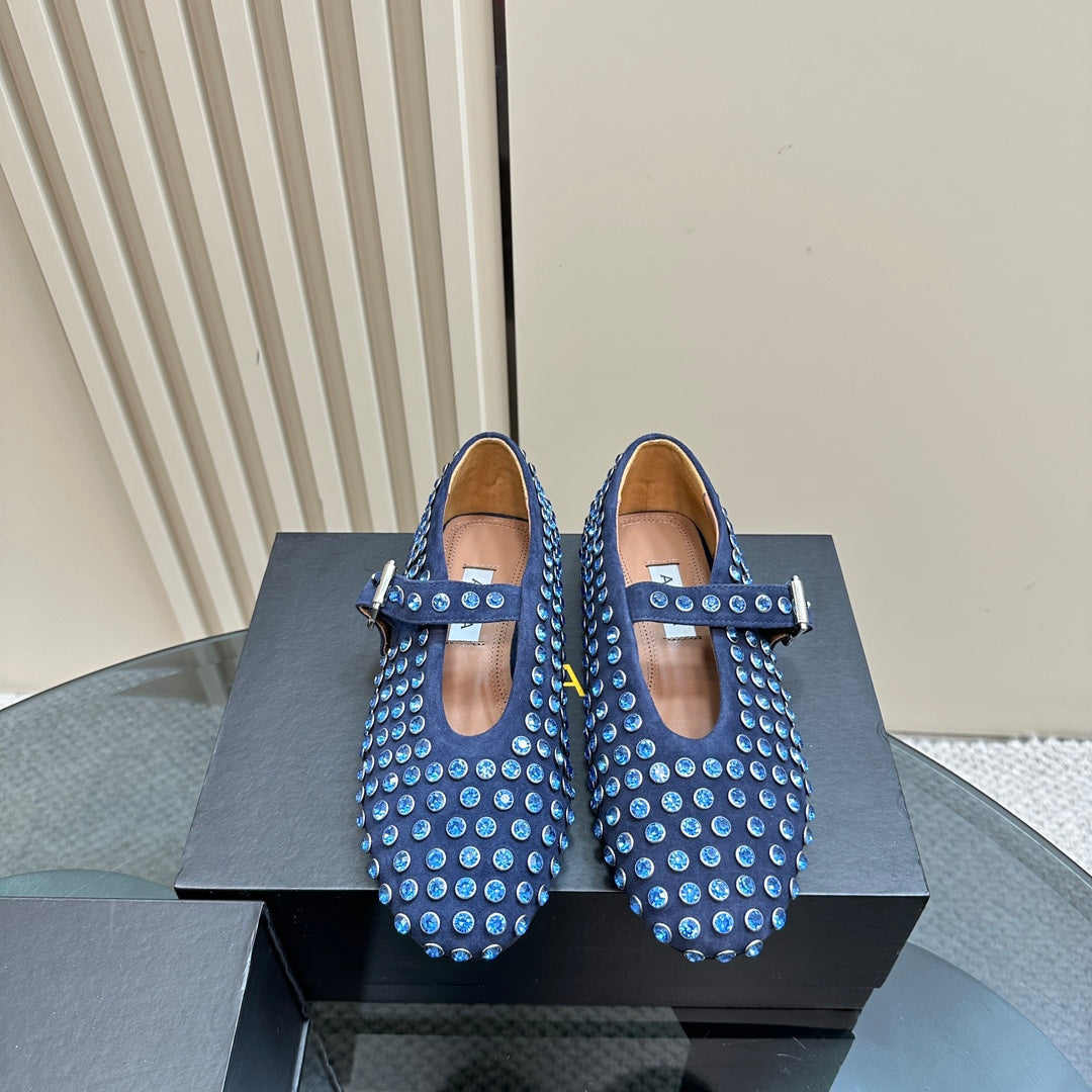 Alaia Strass Suede Ballet Flats In Dark Blue 999320
