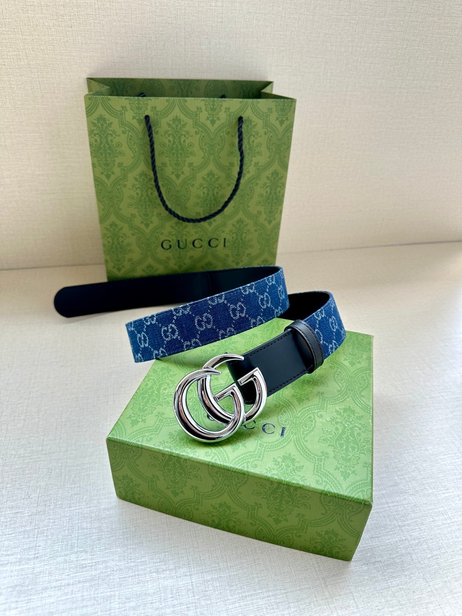 Gucci 2026 GG Marmont Belt 38mm Denim Leather