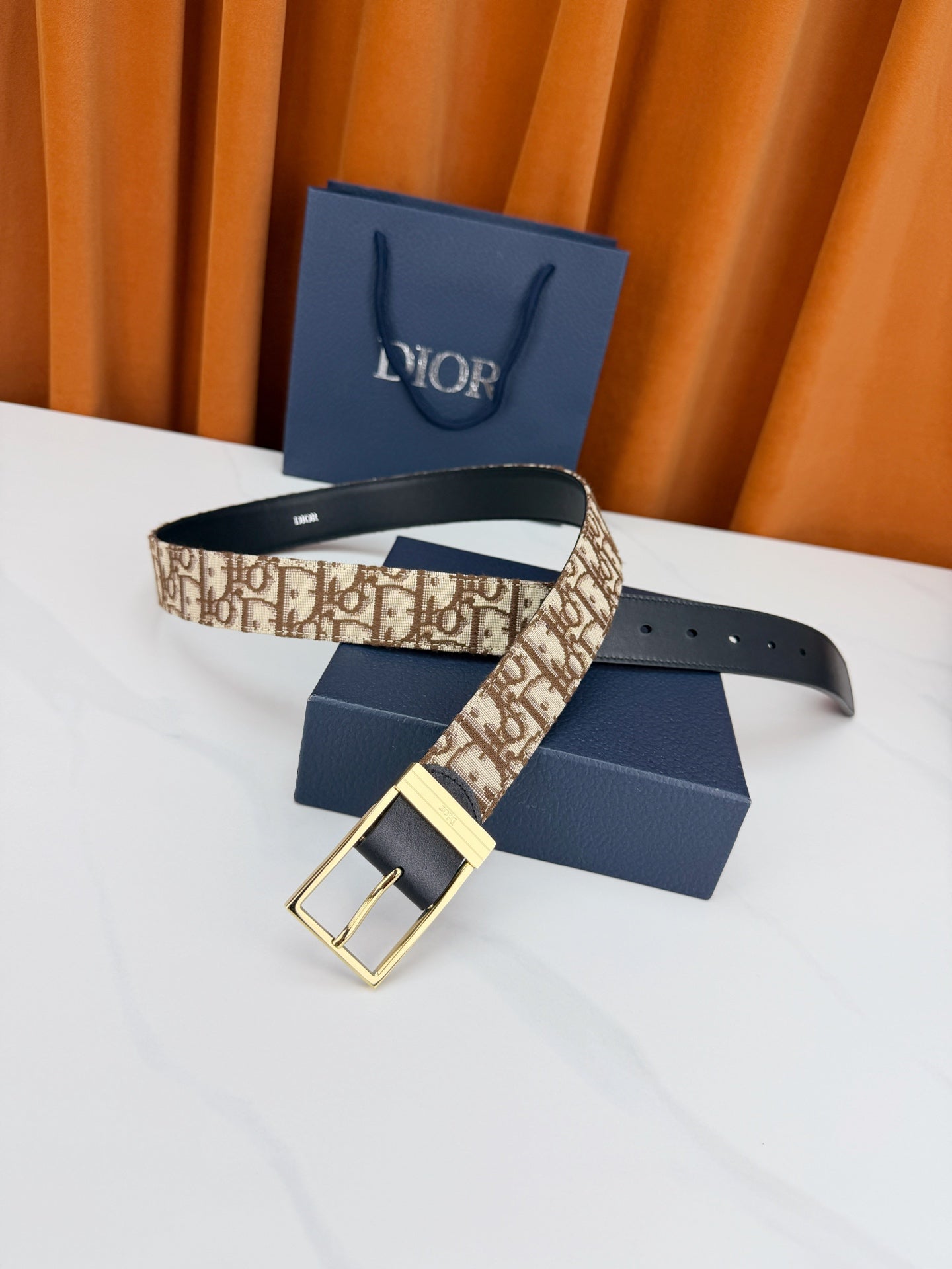 Dior 2026 Oblique Jacquard Reversible Strap Belt 35mm Canvas Leather