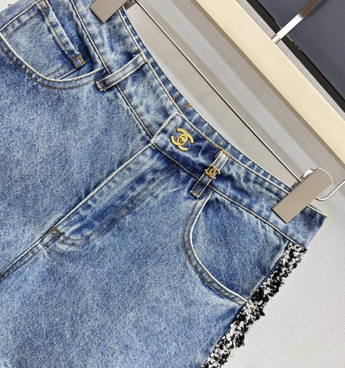 Chanel 2026 Patchwork and Hemmed Denim Shorts Blue Cotton 239252