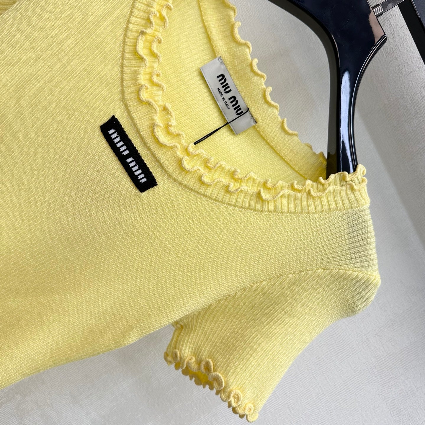 Miumiu 2026 Ruffled Short-Sleeve Knit Top Yellow Wool 447791