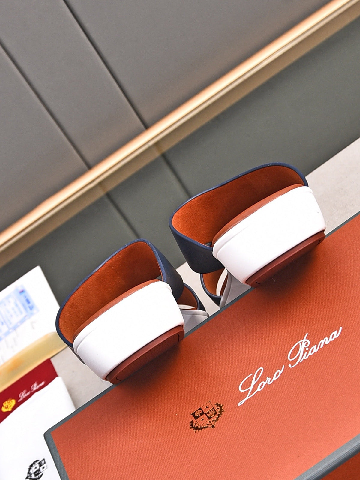 LP INTERWOVEN STRAPS SLIPPERS NAVY CALFSKIN