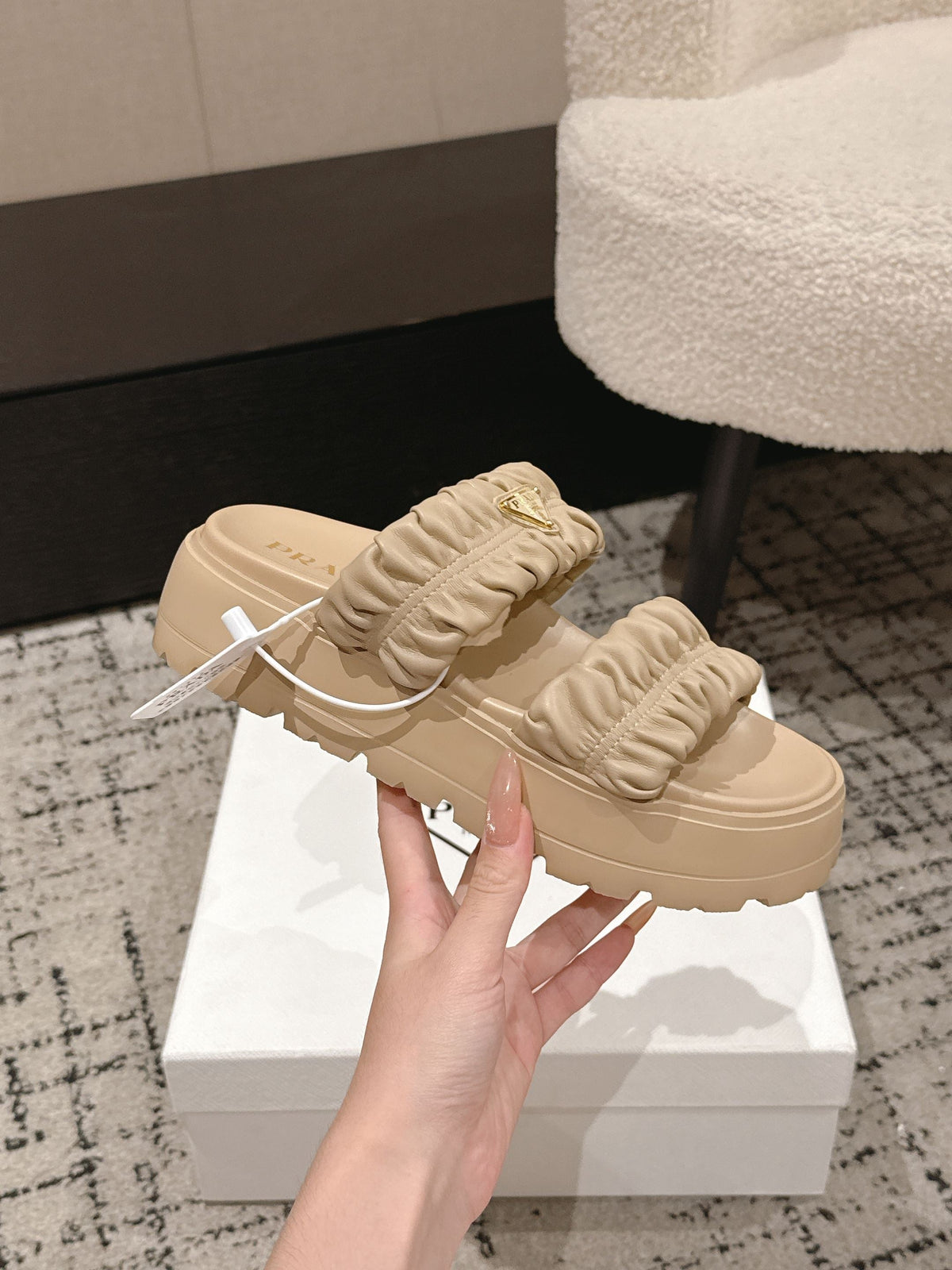 Prada 2026 Pleated Double-Strap Platform Sandals 55mm Sheepskin 771016