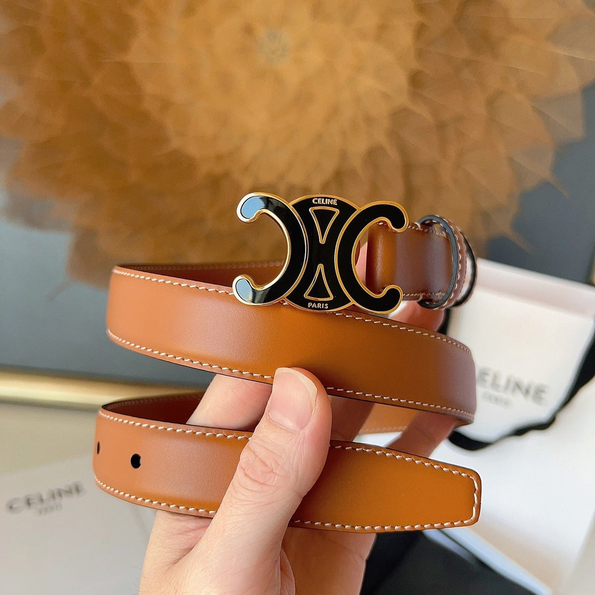 CL Black 25mm Triomphe Enamel Belt Camel Brown Cowhide 616416