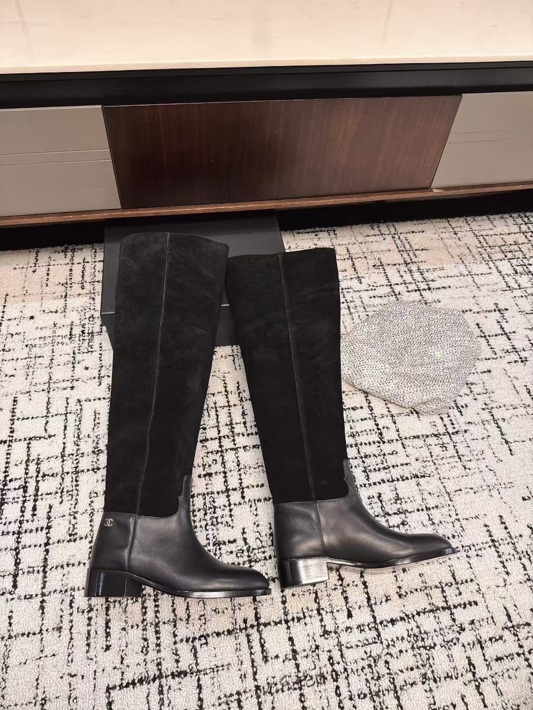 Chanel 25A Winter New Thigh Boots Black Cowhide Mix Suede 393520