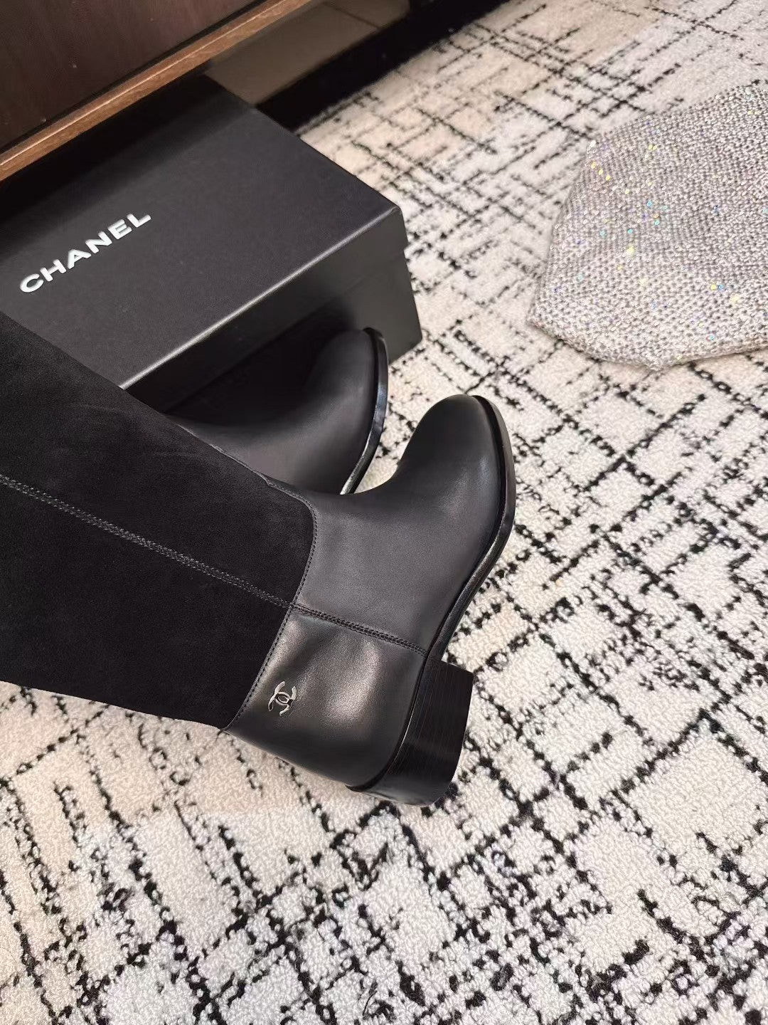 Chanel 25A Winter New Thigh Boots Black Cowhide Mix Suede 393520