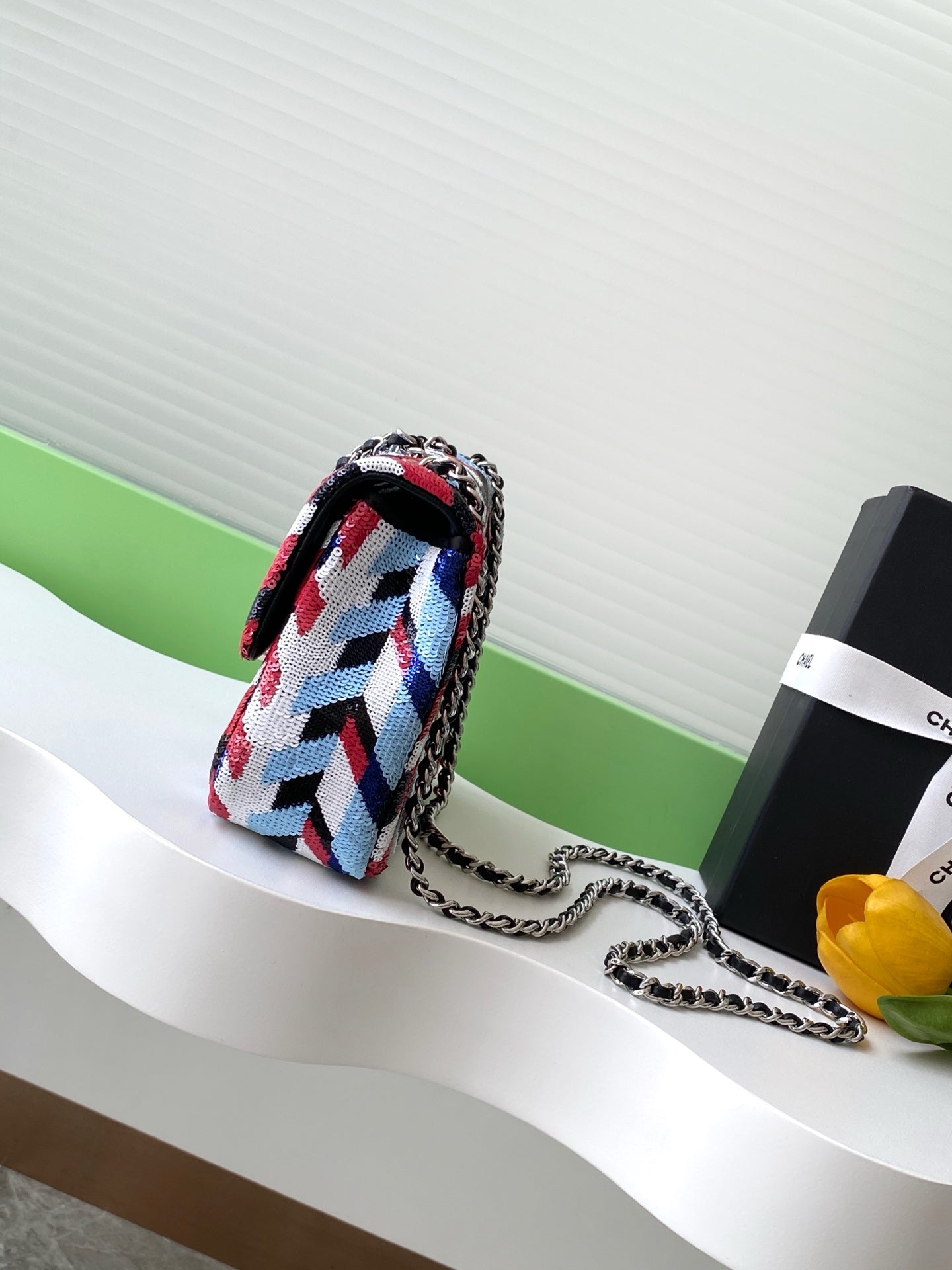 cc 25S Flap Bag 21cm Multicolor Chevron Sequin