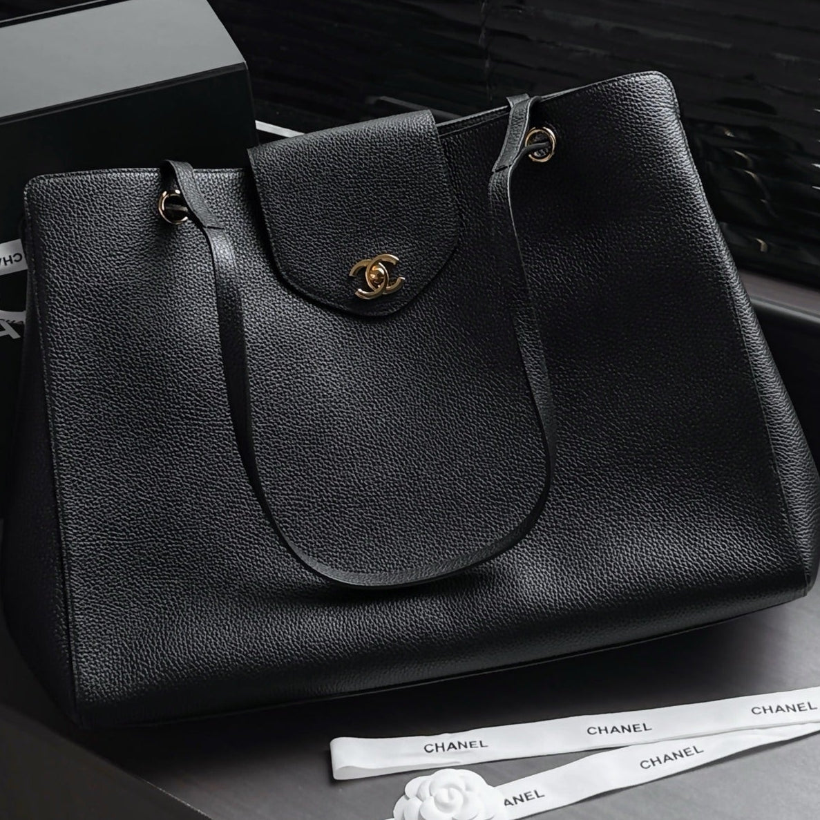 Chane 2026 Large Shopping Bag 46cm Black Calfskin