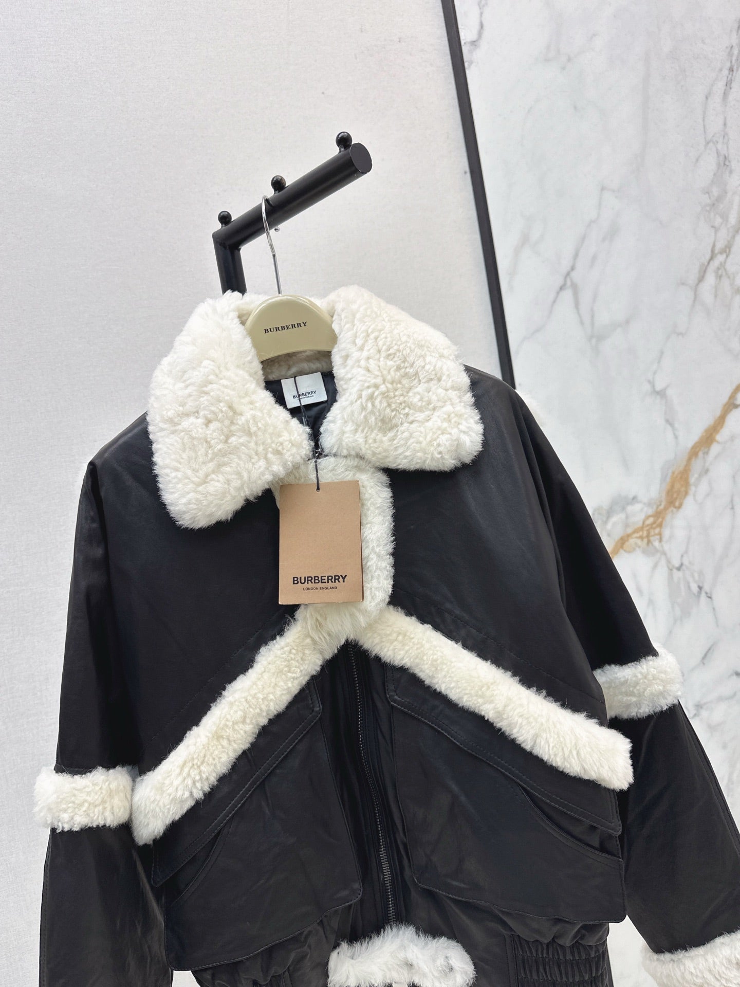 Burberry 25 Shearling-trimmed Bomber Jacket Black White Fur Leather